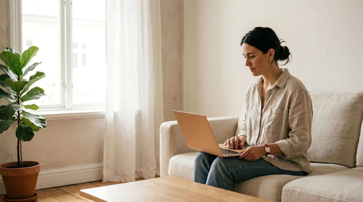 The same artist on a sofa, working on a laptop