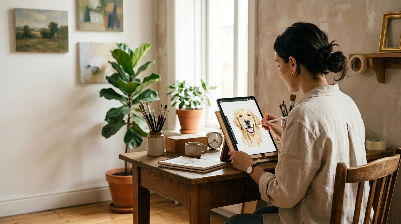 A digital artist drawing a dog portrait on a tablet