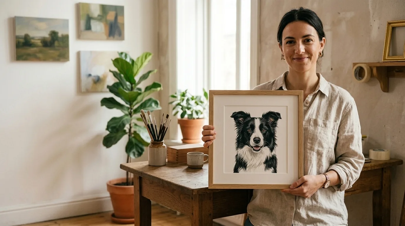 The artist holding up a finished painting of a dog