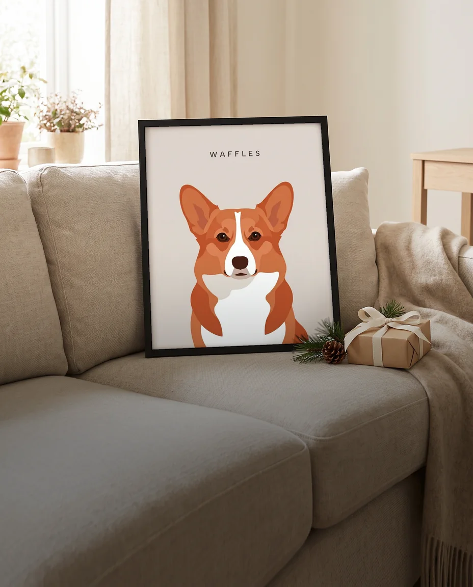 A framed Minimalist portrait of a corgi on a sofa next to a small wrapped gift