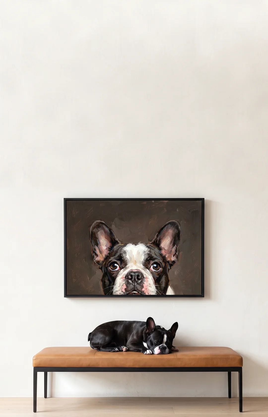 A black and white French bulldog asleep on a leather bench, under a framed oil painting of the same dog looking up, on an off-white wall