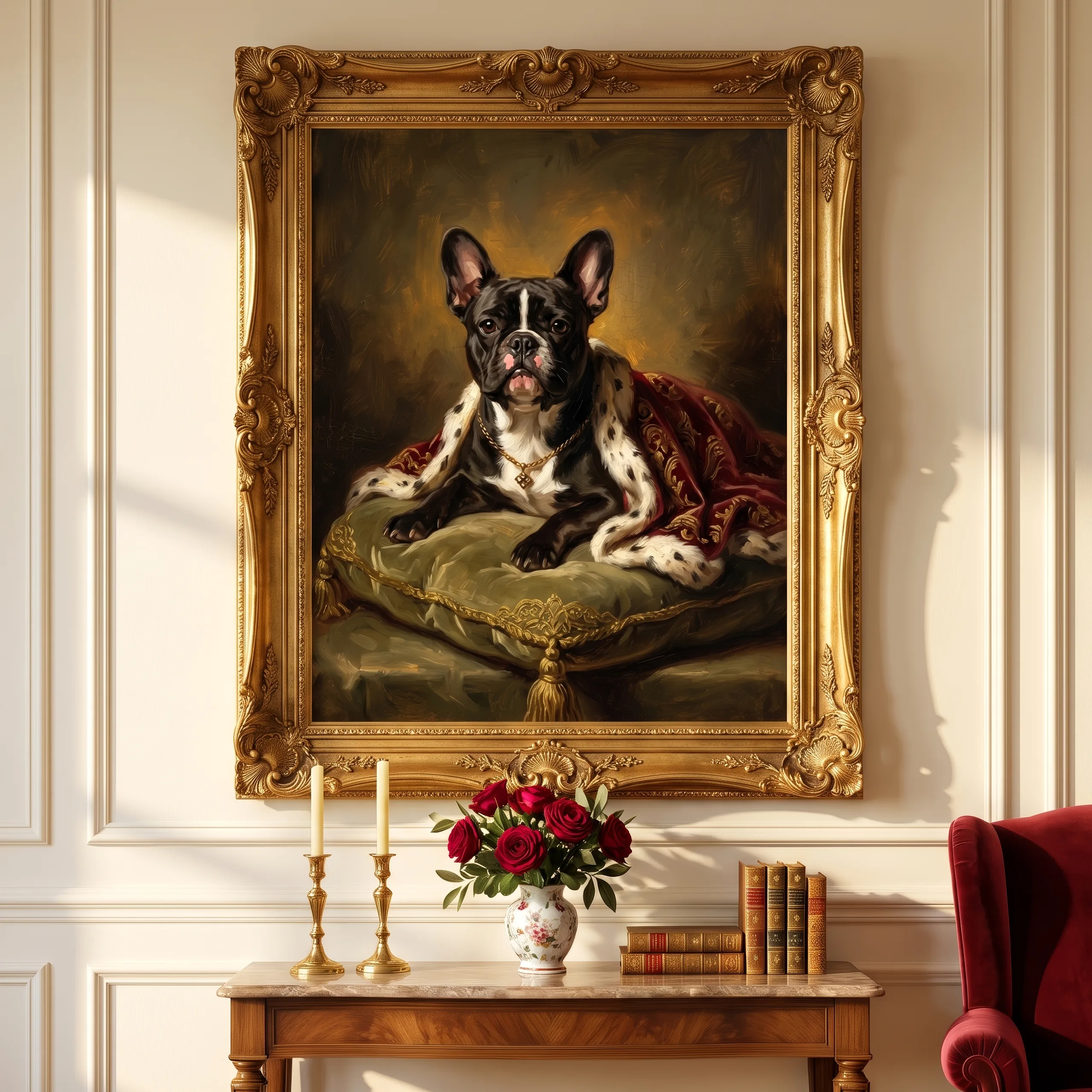 An oil portrait of a French bulldog under an ermine cloak, in a carved gilt frame on an ivory panelled wall, above a console table with roses, candles and books