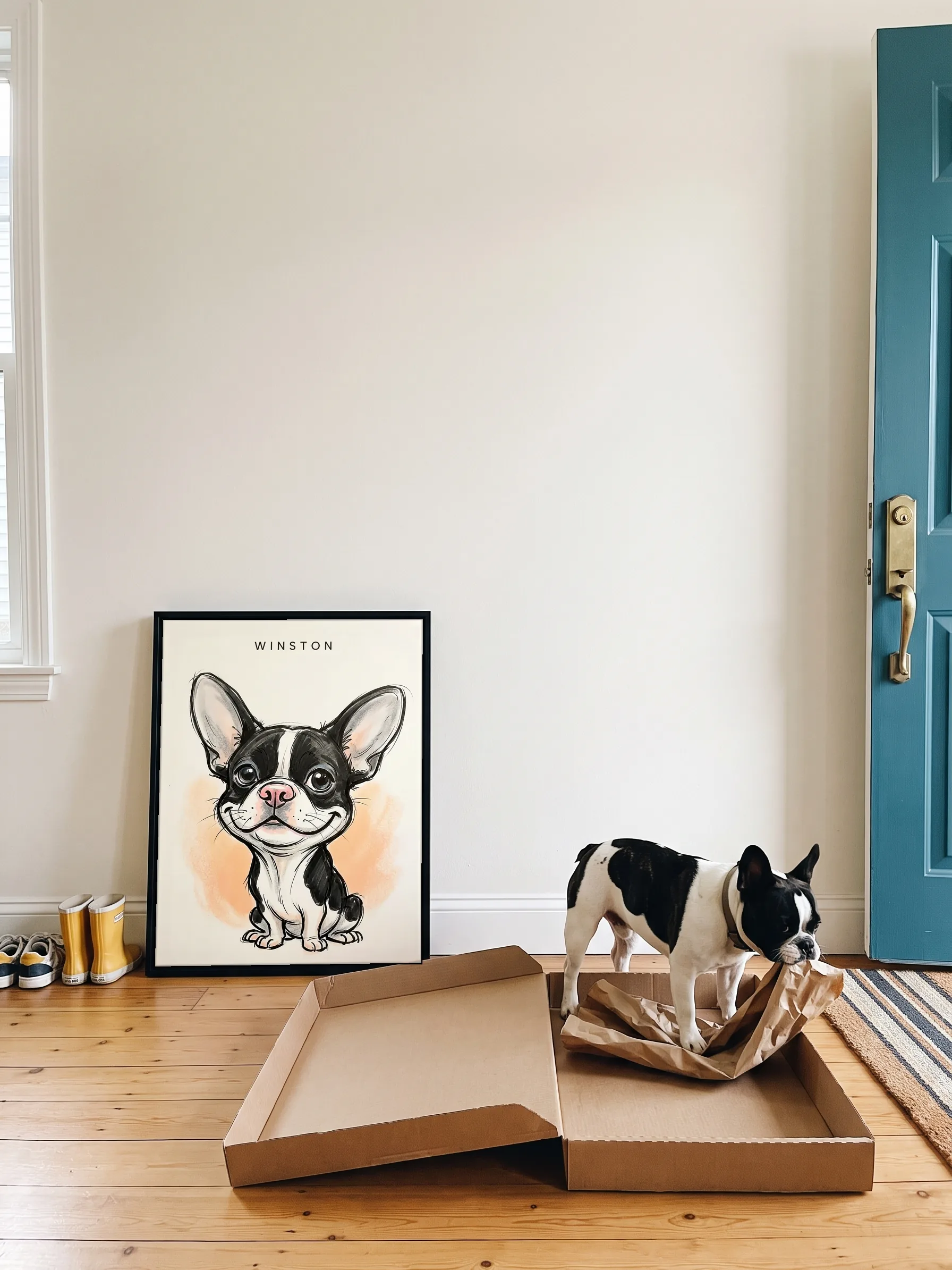 A black and white French bulldog tugging the paper out of the open flat carton its framed canvas caricature came in; the caricature leans on the hallway wall