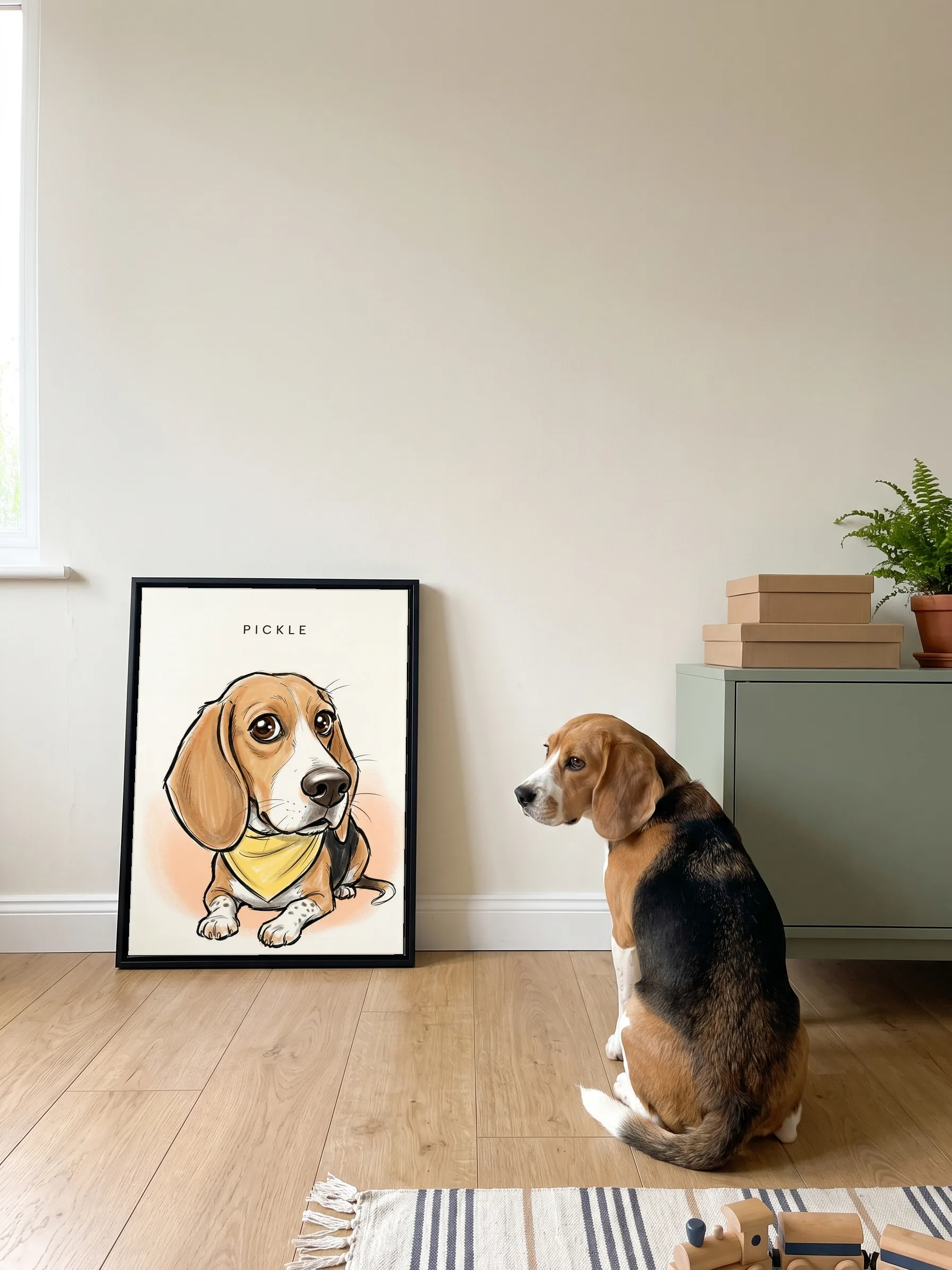 A beagle sitting on an oak floor, seen from behind, looking back at its own caricature: a framed canvas leaning on the wall