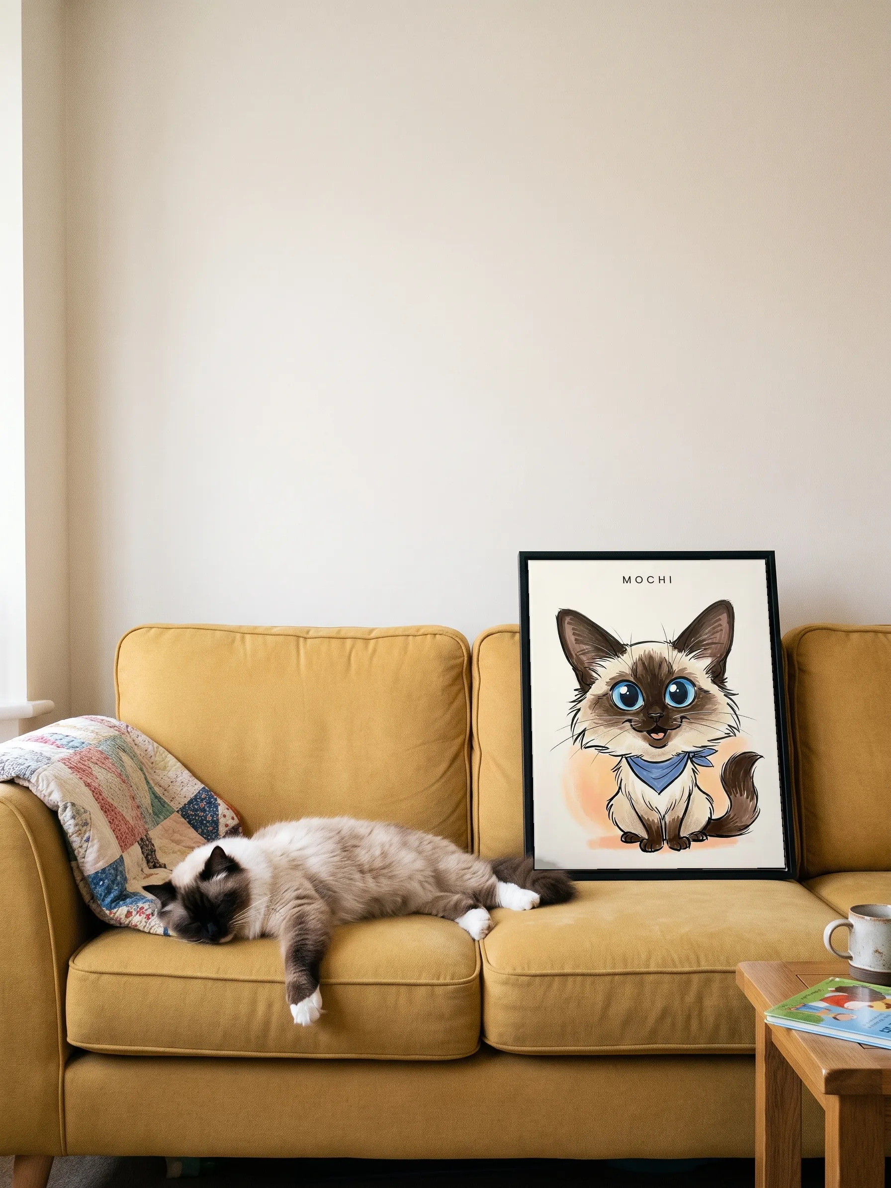 A ragdoll cat asleep on a mustard yellow sofa beside its own caricature: a canvas in a slim black frame