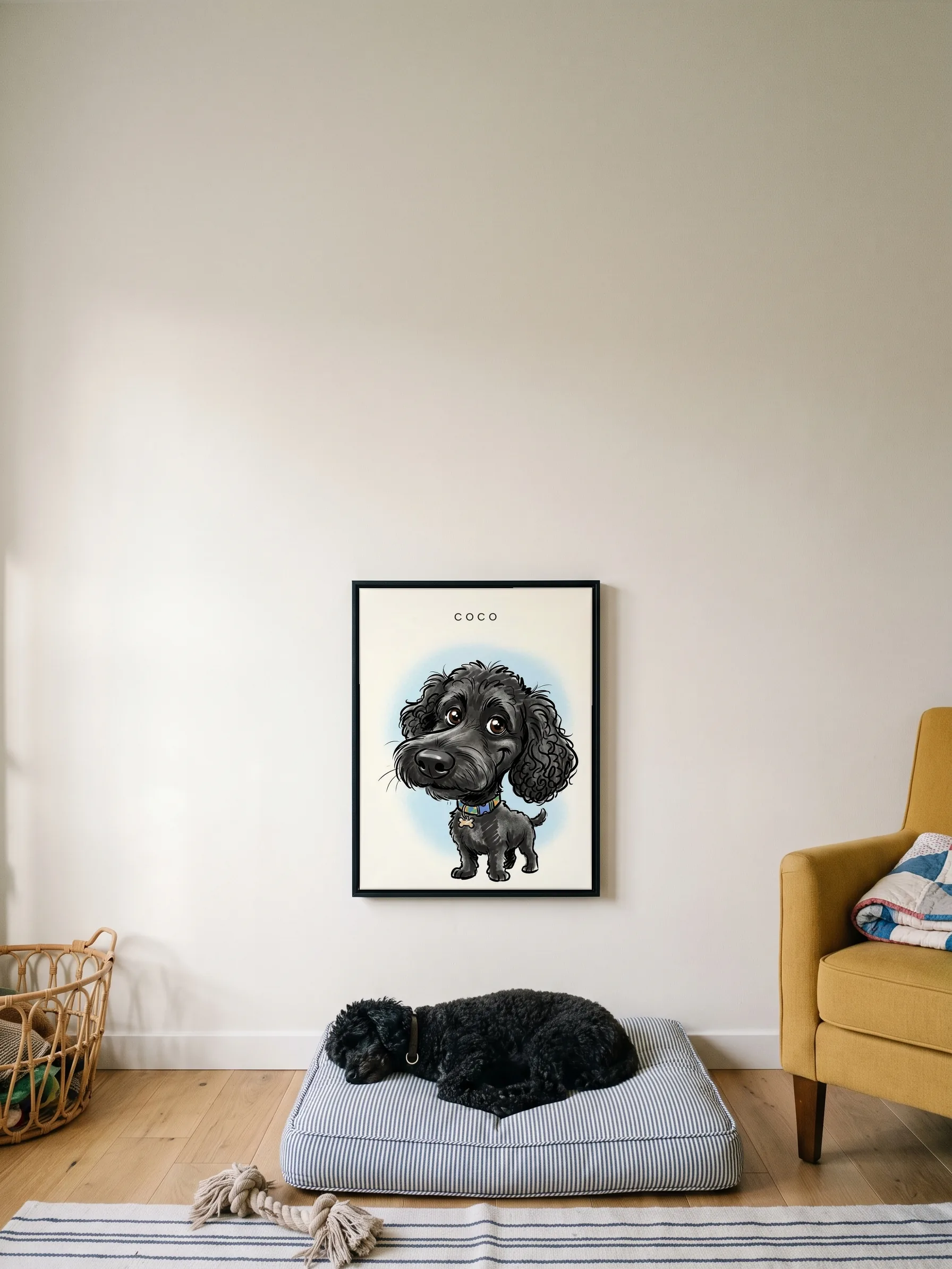 A black poodle asleep on its bed under its own caricature, a framed canvas on the wall