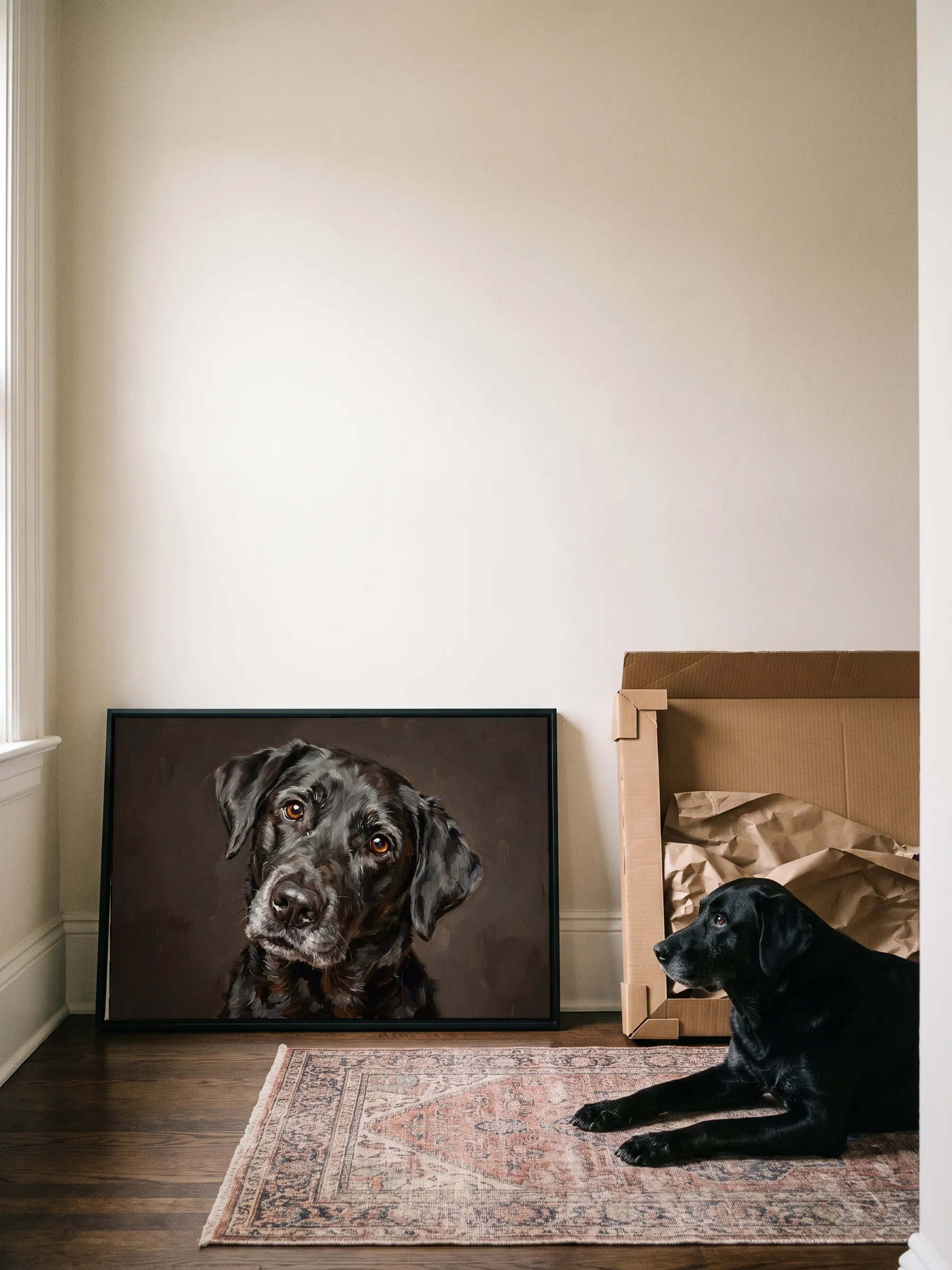 A black Labrador lying on a hallway rug beside the open carton its framed canvas painting came in; the painting leans on the wall