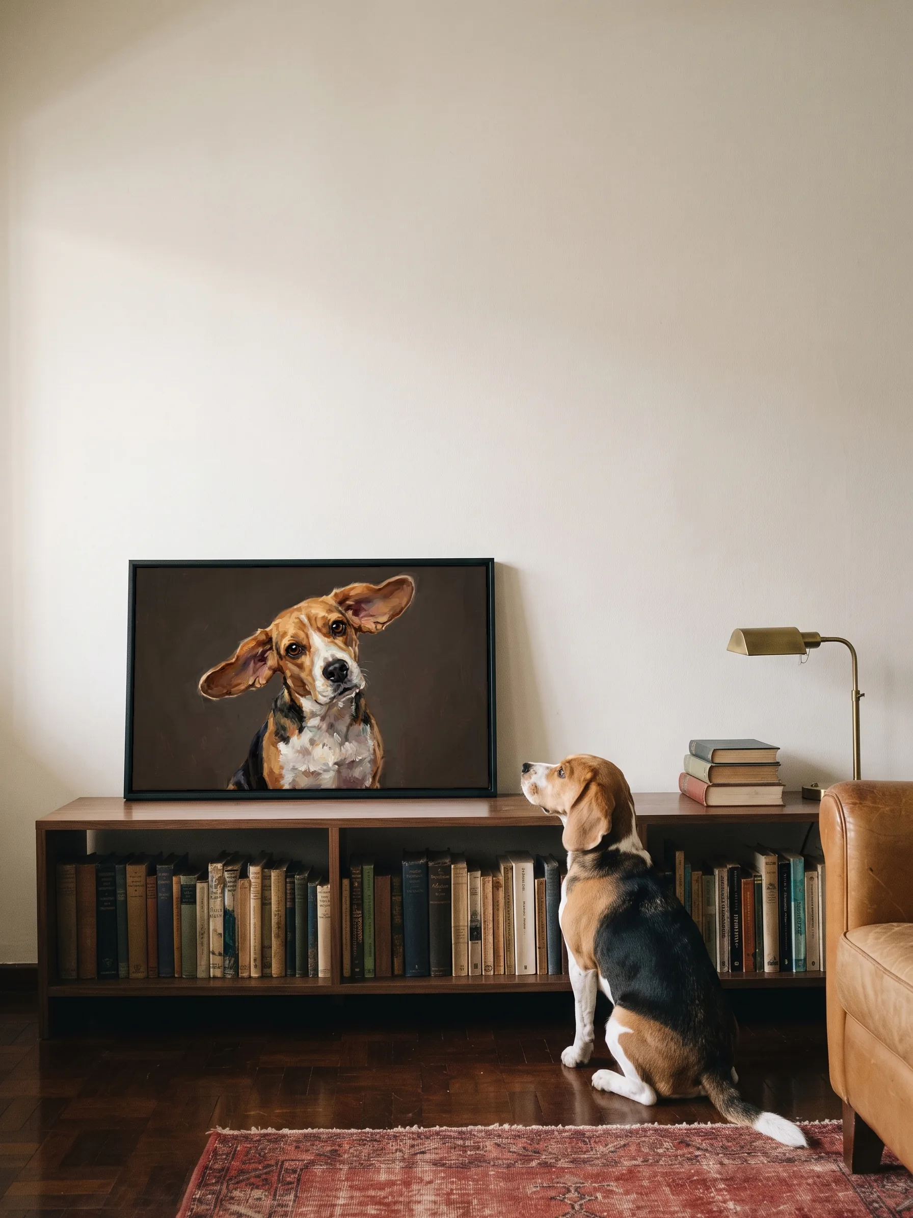 A beagle sitting on dark floorboards, seen from behind, looking up at its own oil painting: a framed canvas on a low walnut bookcase