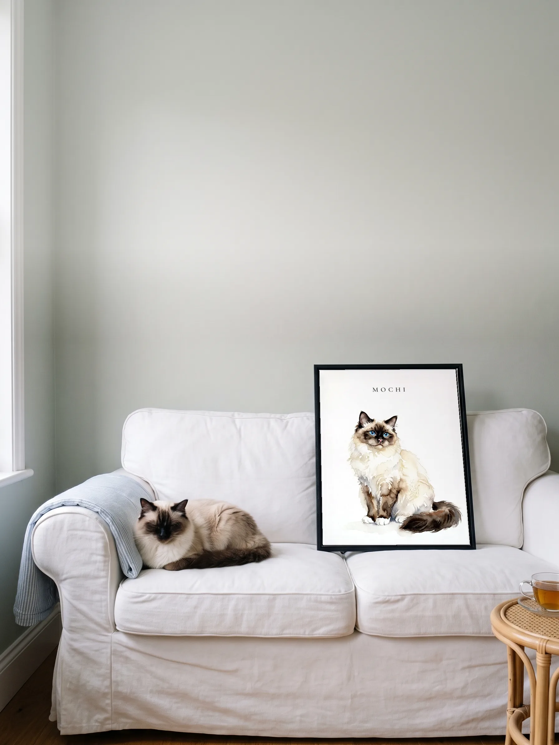 A ragdoll cat dozing on a white linen sofa beside its own watercolor portrait: a canvas in a slim black frame