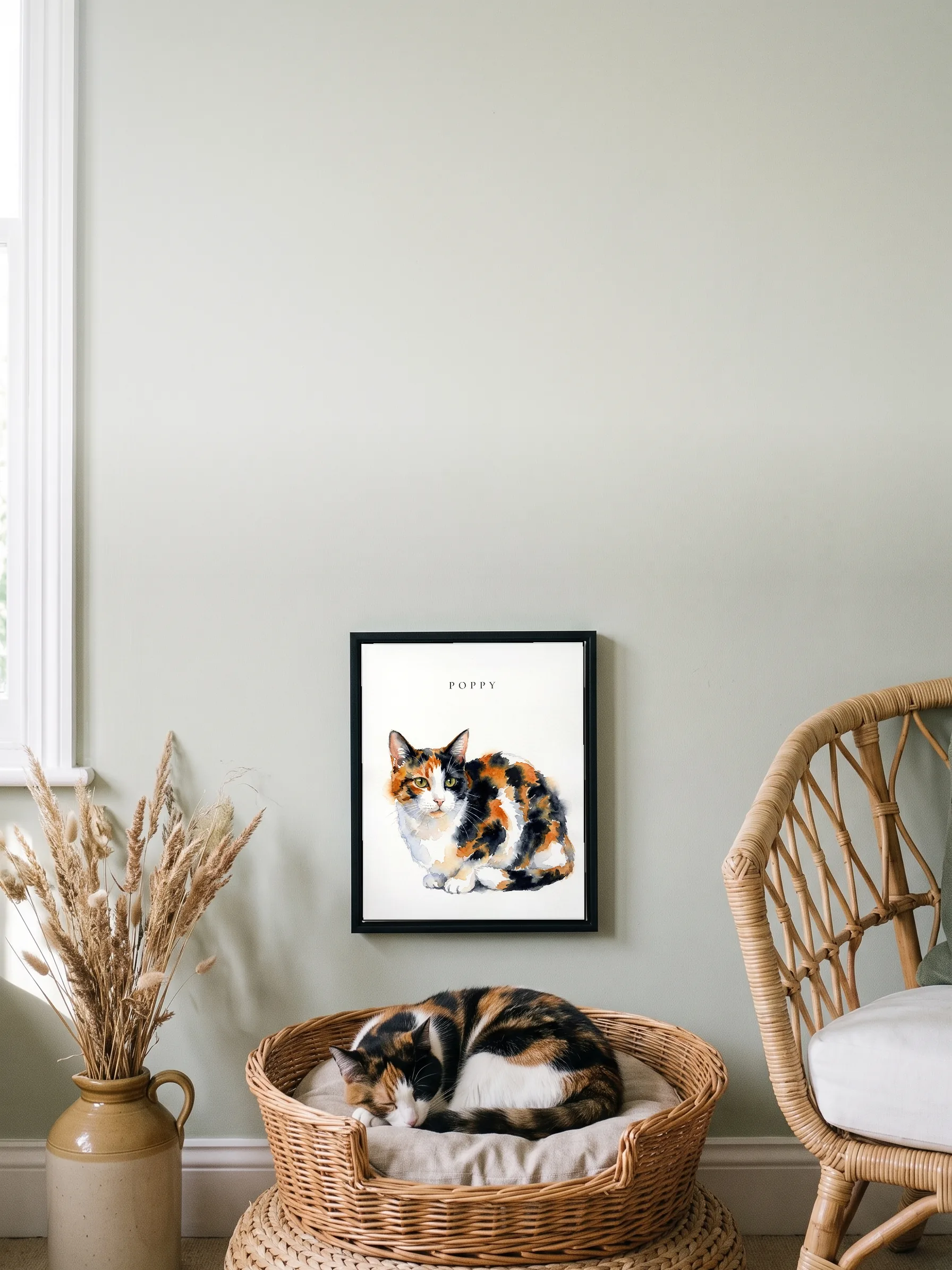 A calico cat asleep in a wicker basket under its own watercolor portrait, a framed canvas on the wall