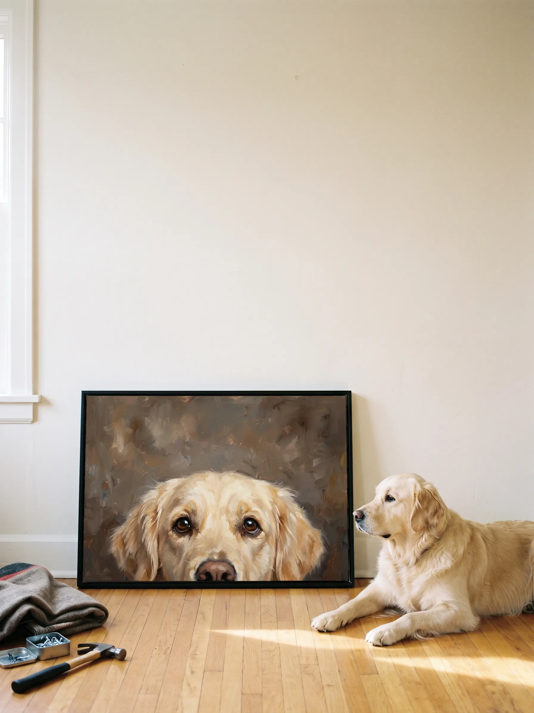 A golden retriever lying in profile beside its own oil portrait: a canvas in a slim black frame leaning on a wall, sun on the floorboards