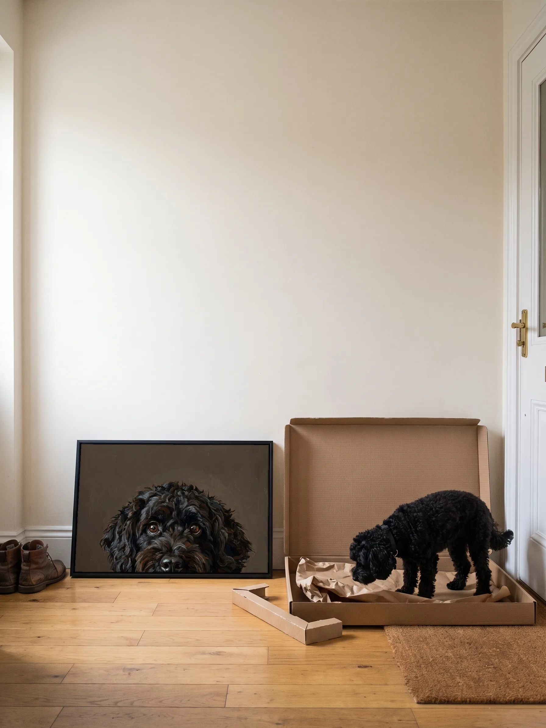 A black poodle nosing the paper in the open flat carton its framed canvas portrait came in; the portrait leans on the hallway wall