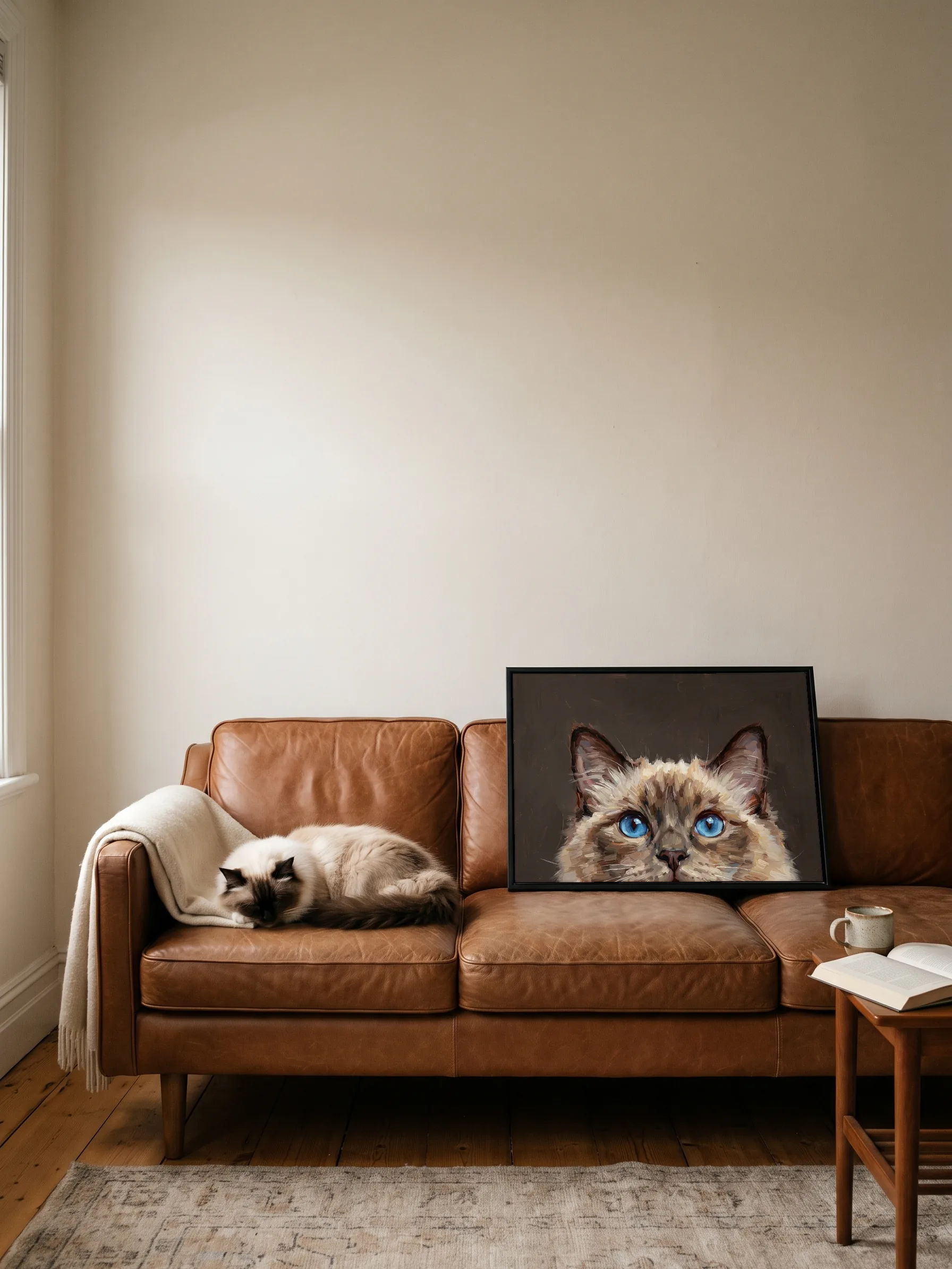 A ragdoll cat asleep on a brown leather sofa beside its own oil portrait: a canvas in a slim black frame