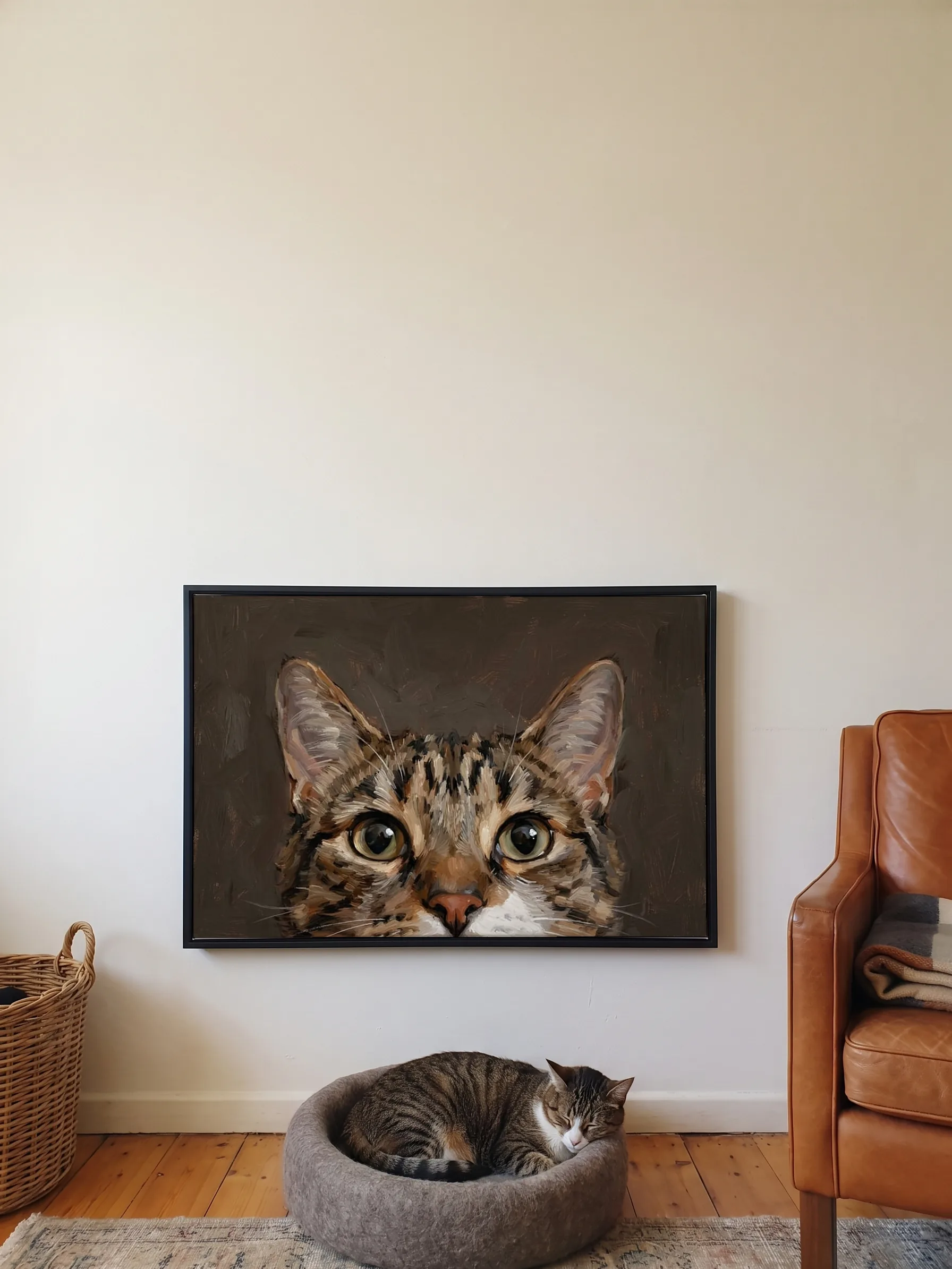 A tabby cat asleep in its bed under its own oil portrait, a framed canvas on the wall
