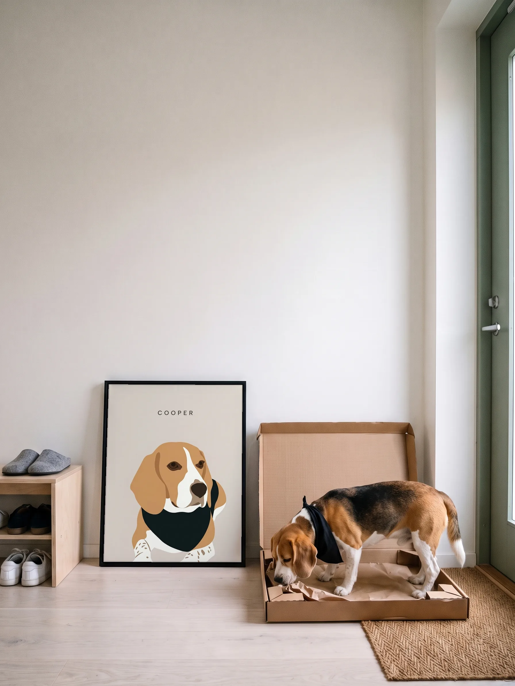 A beagle in a black bandana standing in the open flat carton its framed canvas portrait came in, nosing the paper; the portrait leans on the hallway wall