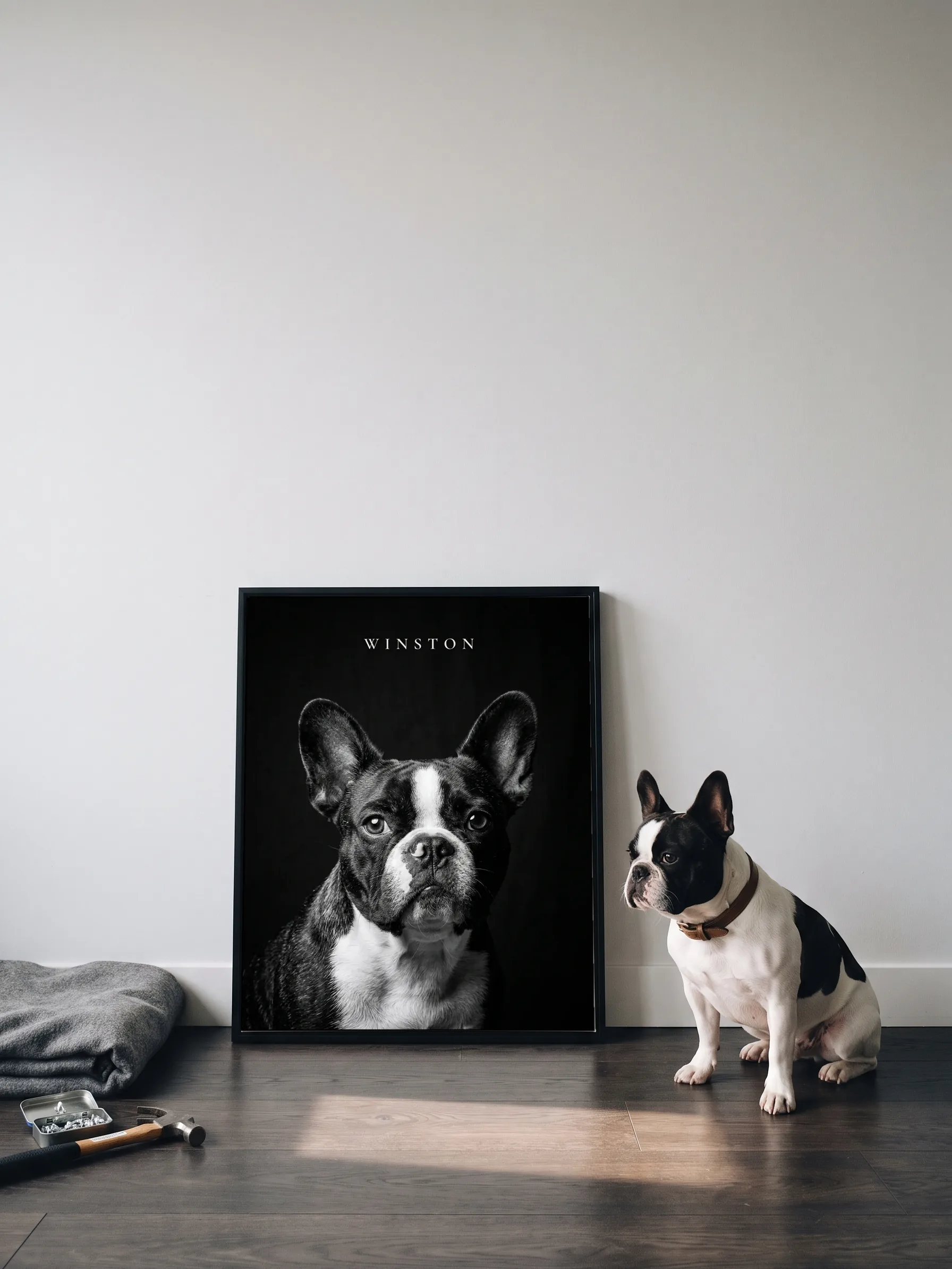 A black and white French bulldog sitting beside its own black-and-white portrait: a canvas in a slim black frame leaning on a wall, sun on the floor