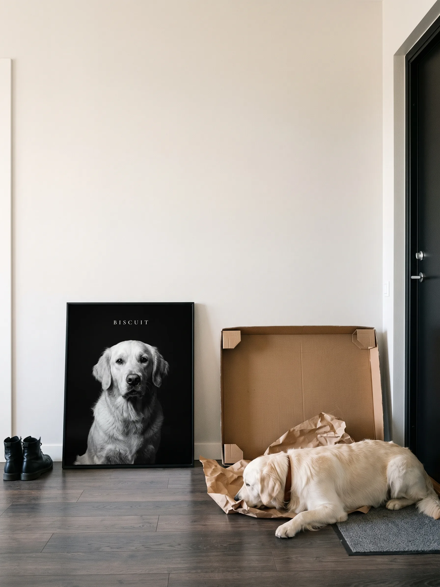 A golden retriever lying in a hallway with its nose in the paper of the open carton its framed canvas portrait came in; the portrait leans on the wall by the front door