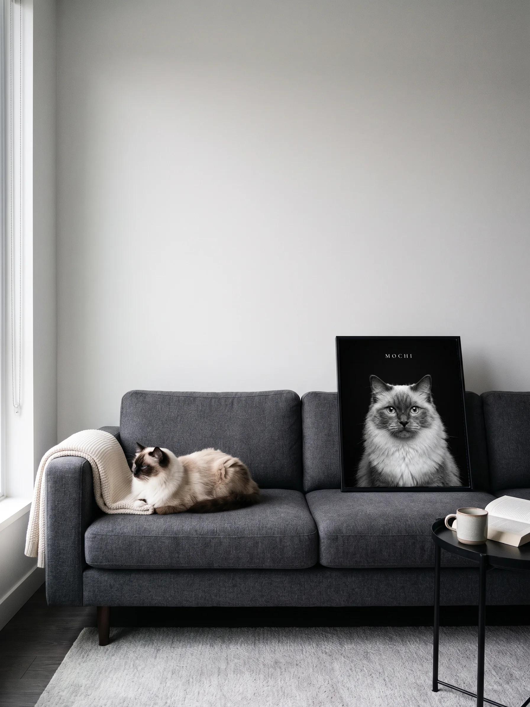 A ragdoll cat dozing on a charcoal sofa beside its own black-and-white portrait: a canvas in a slim black frame