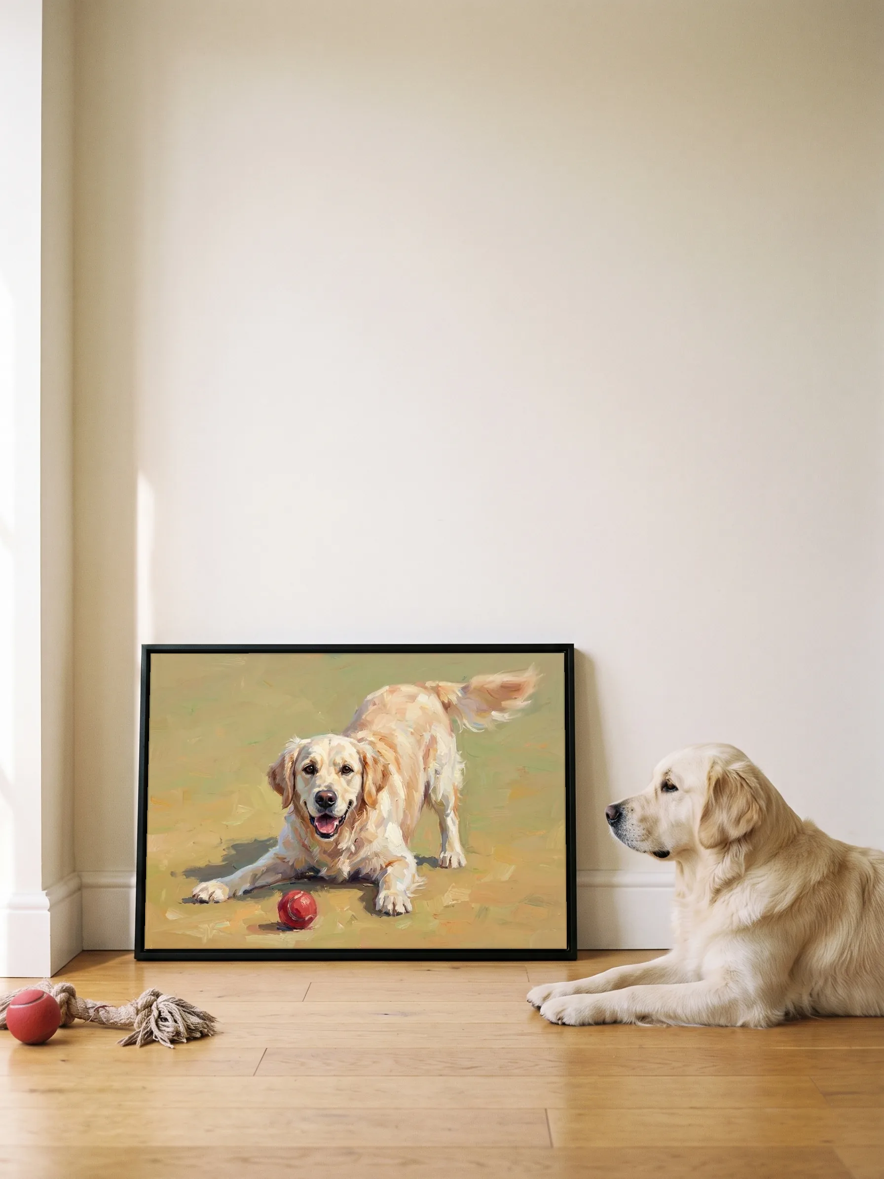 A golden retriever lying in profile beside its own oil painting: a canvas in a slim black frame leaning on a wall, a ball and a rope toy on the floorboards