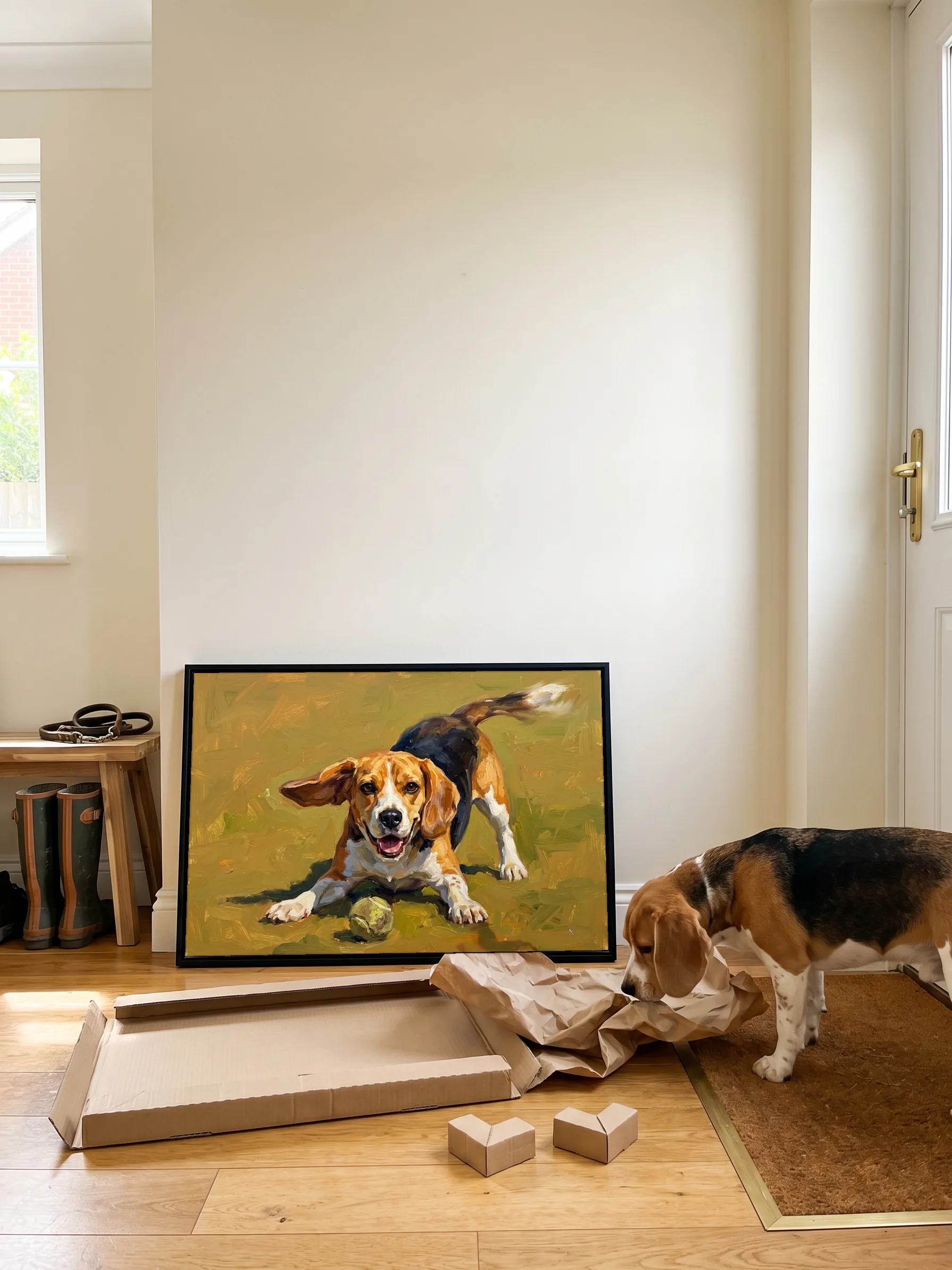 A beagle nosing the paper beside the open flat carton its framed canvas painting came in; the painting leans on the wall by the front door