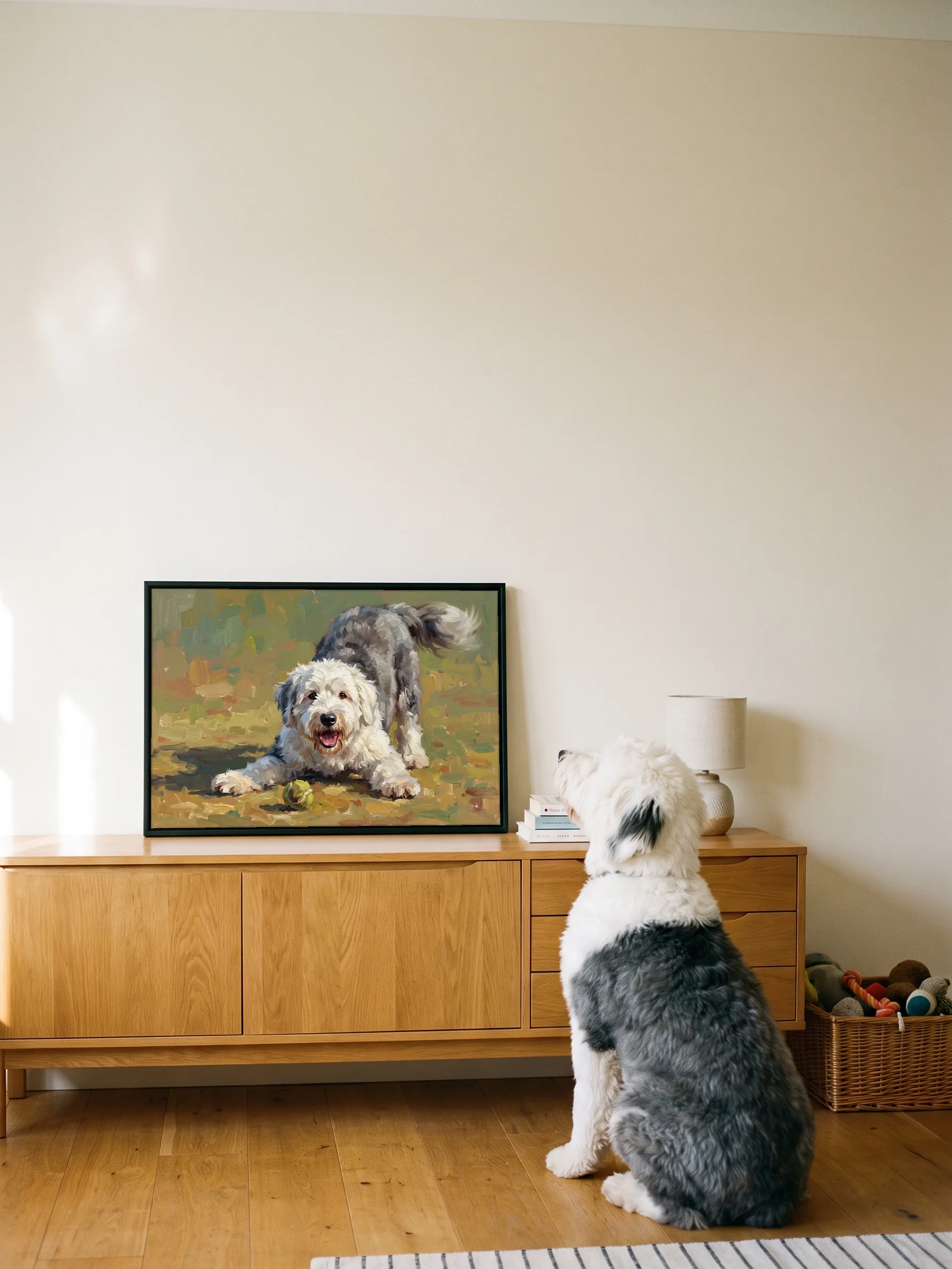 An Old English sheepdog sitting on oak floorboards, seen from behind, looking up at its own oil painting: a framed canvas on an oak sideboard