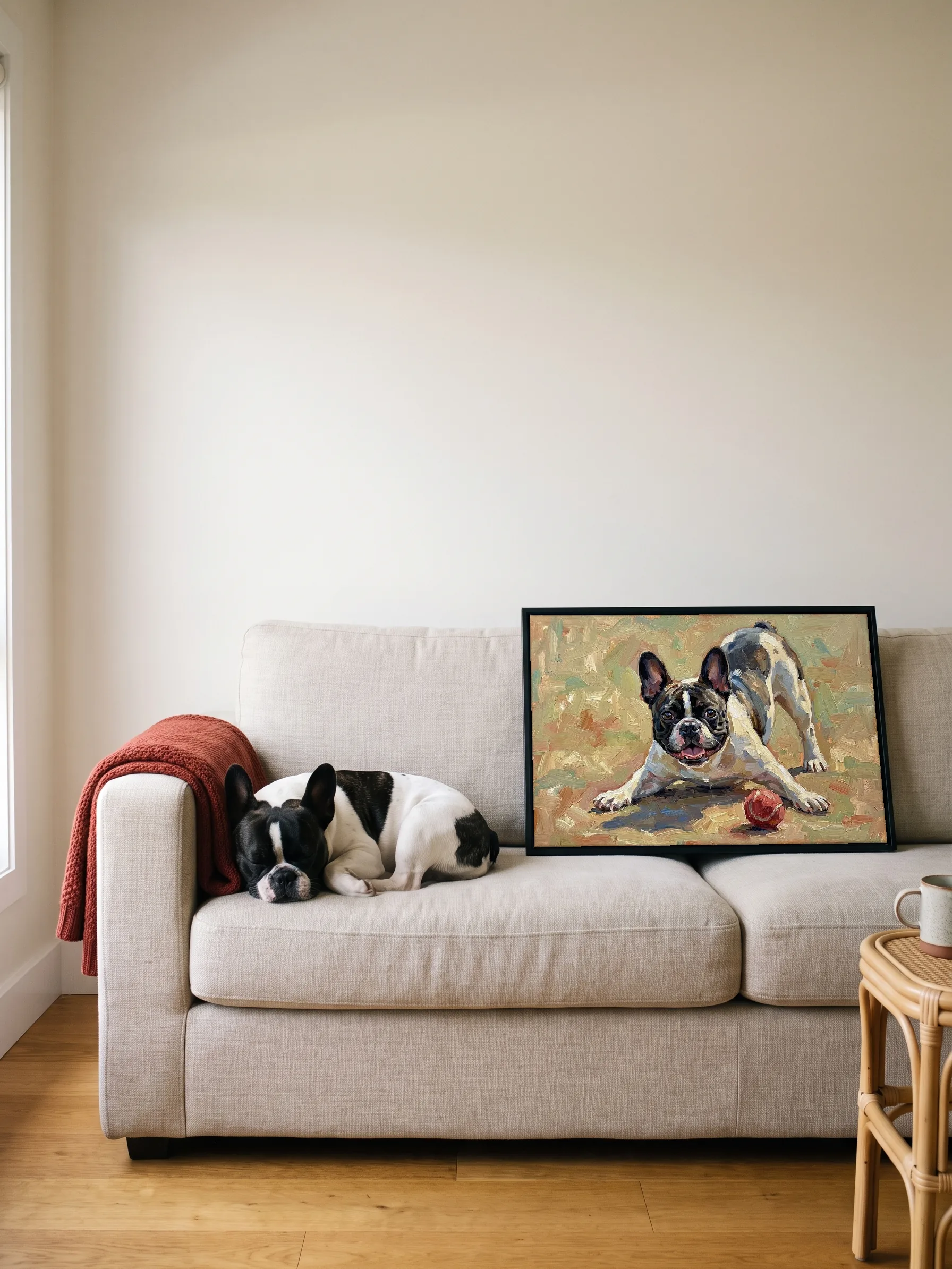 A French bulldog asleep on a linen sofa beside its own oil painting: a canvas in a slim black frame