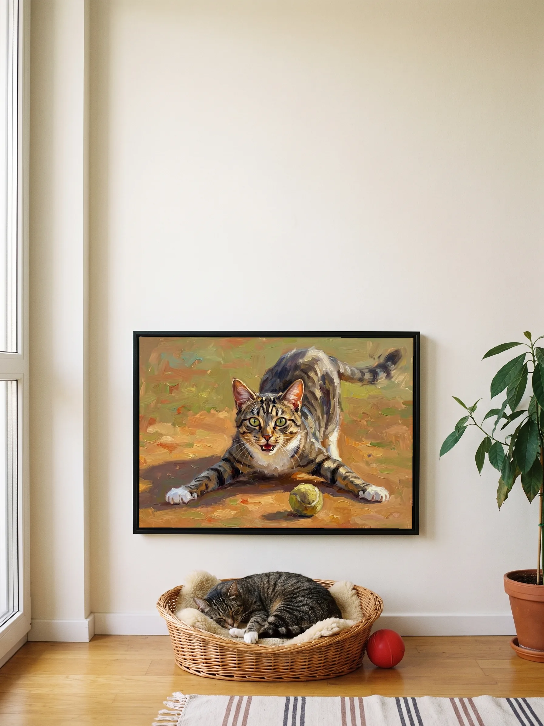 A tabby cat asleep in its basket under its own oil painting, a framed canvas on the wall