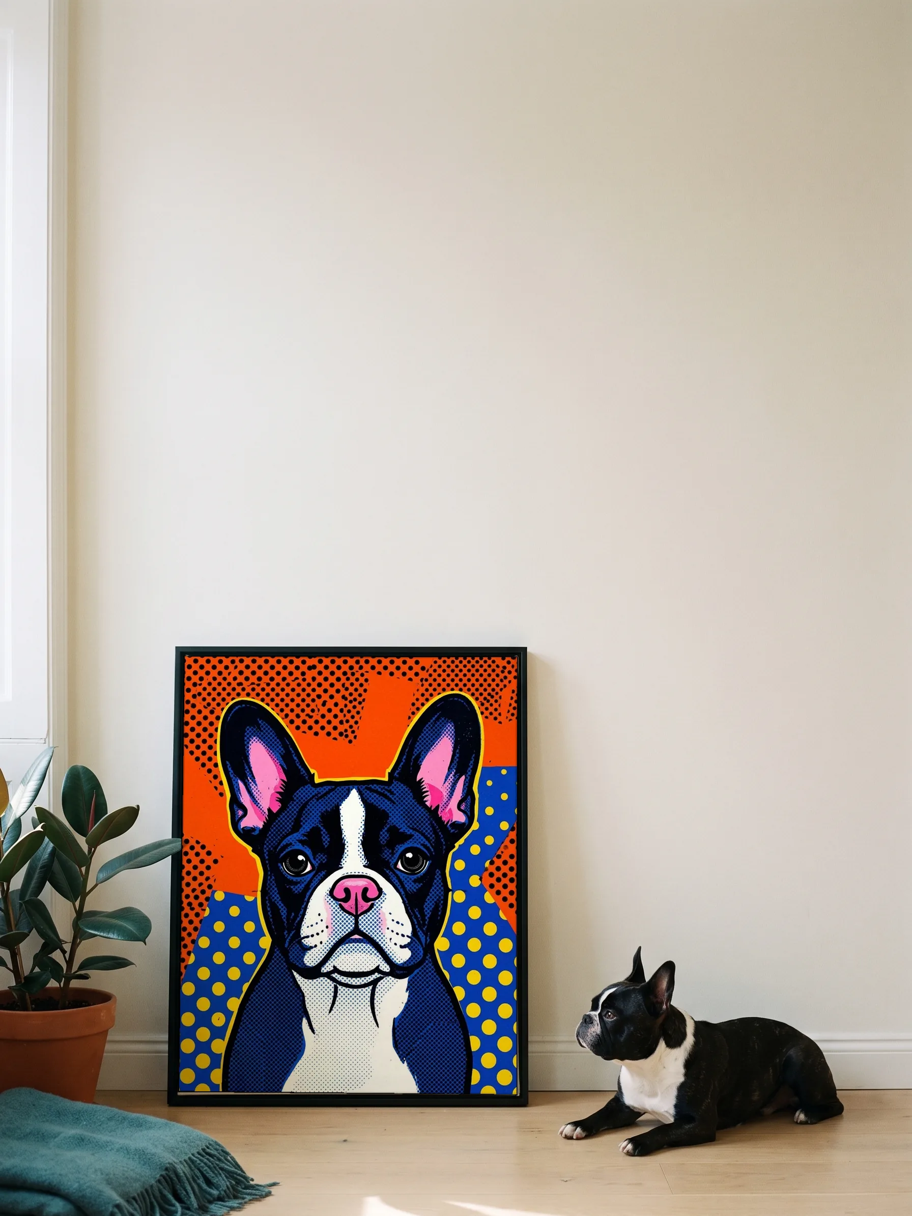 A black and white French bulldog lying in profile beside its own pop art portrait: a canvas in a slim black frame leaning on a white wall
