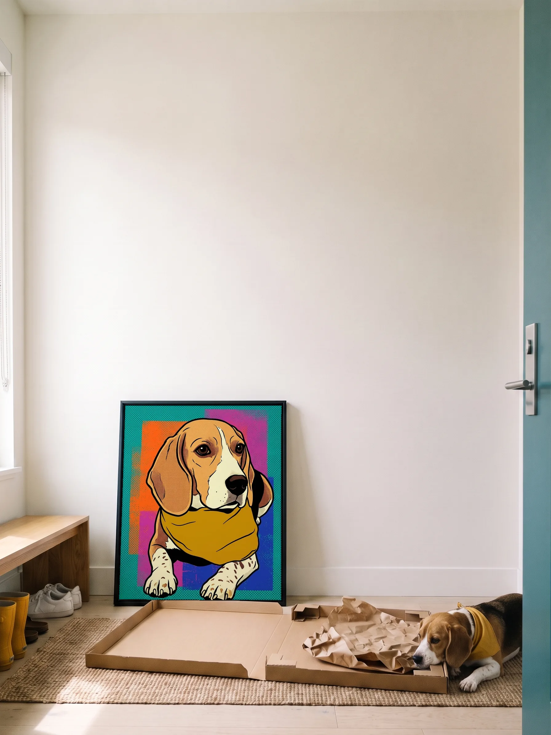 A beagle in a yellow bandana lying in a hallway with its chin on the open flat carton its framed canvas portrait came in; the portrait leans on the wall