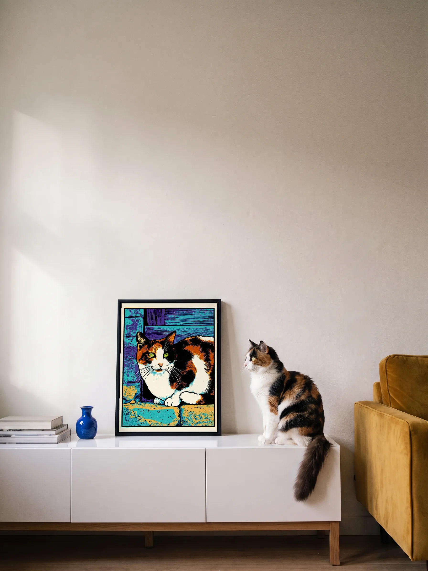 A calico cat sitting on a white sideboard, in profile, looking at its own pop art portrait: a framed canvas leaning on the wall