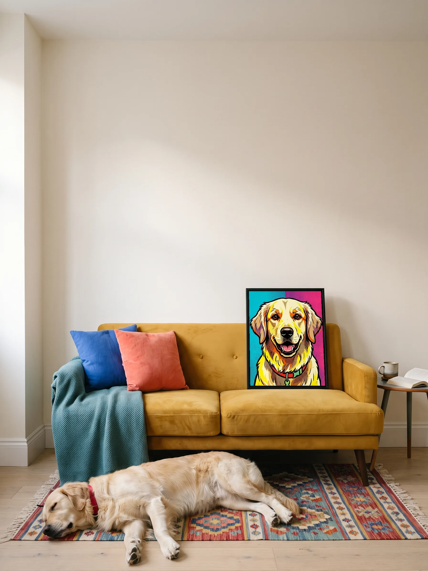 A golden retriever asleep on a kilim rug in front of a mustard sofa; its own pop art portrait, a framed canvas, stands on the sofa