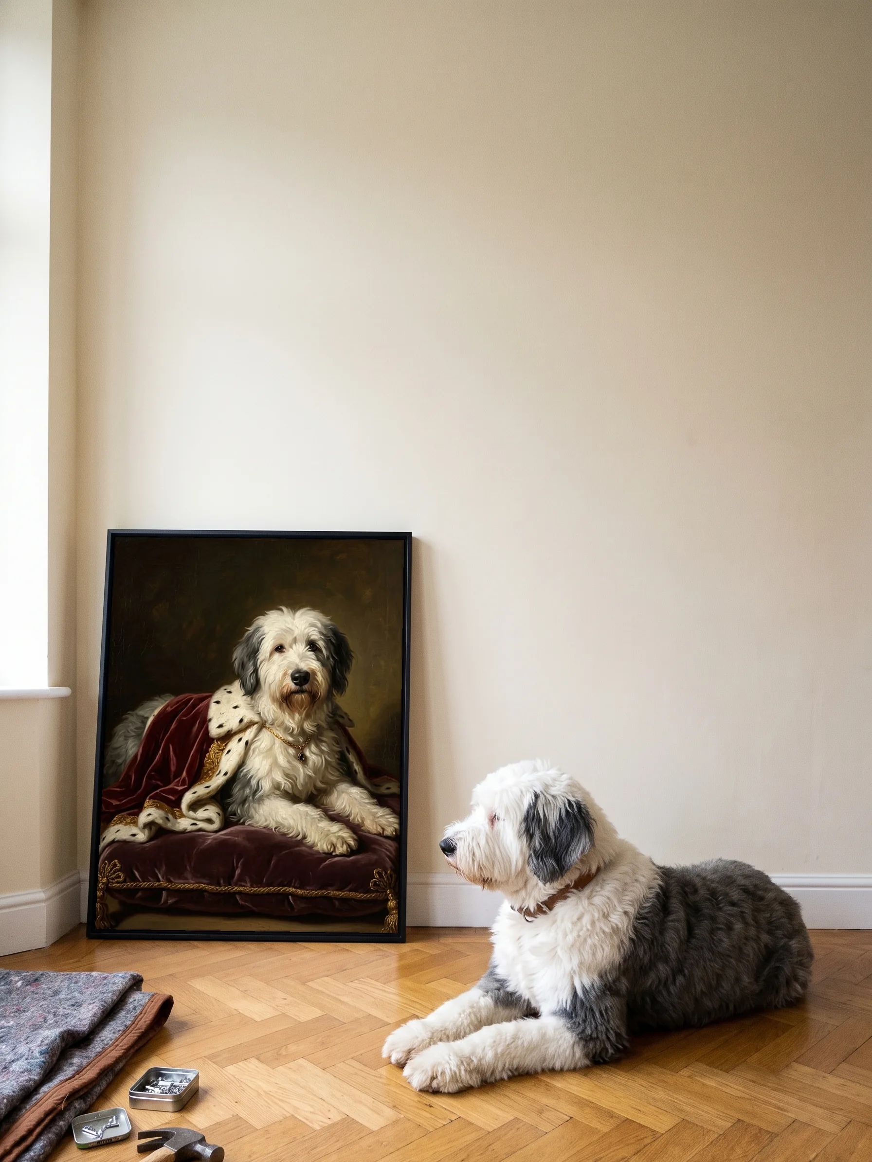 An Old English sheepdog lying in profile beside its own oil portrait: a canvas in a slim black frame leaning on a wall in the sun