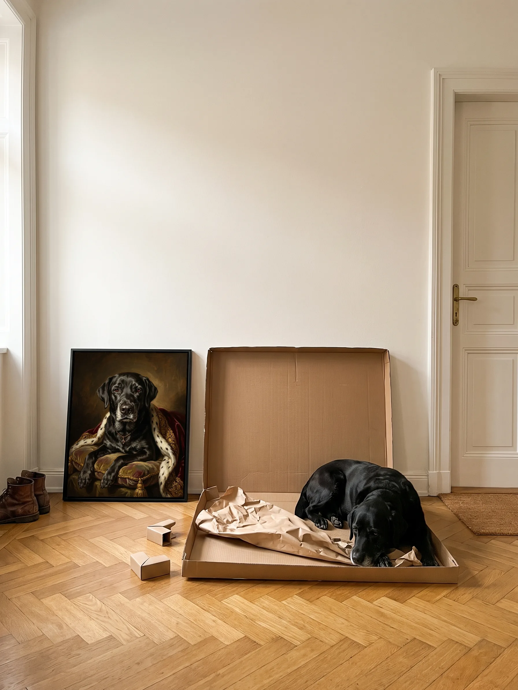A black Labrador lying in the open flat carton its framed canvas portrait came in; the portrait leans on the hallway wall