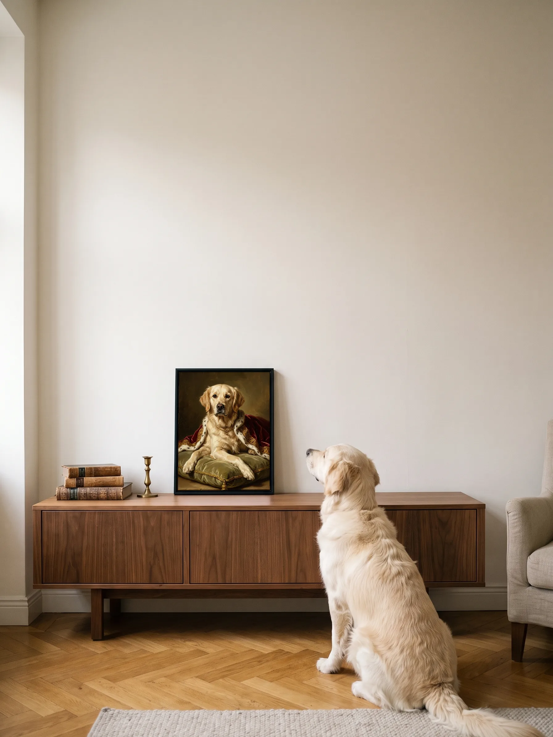 A golden retriever sitting on a parquet floor, seen from behind, looking up at its own oil portrait: a framed canvas on a walnut sideboard