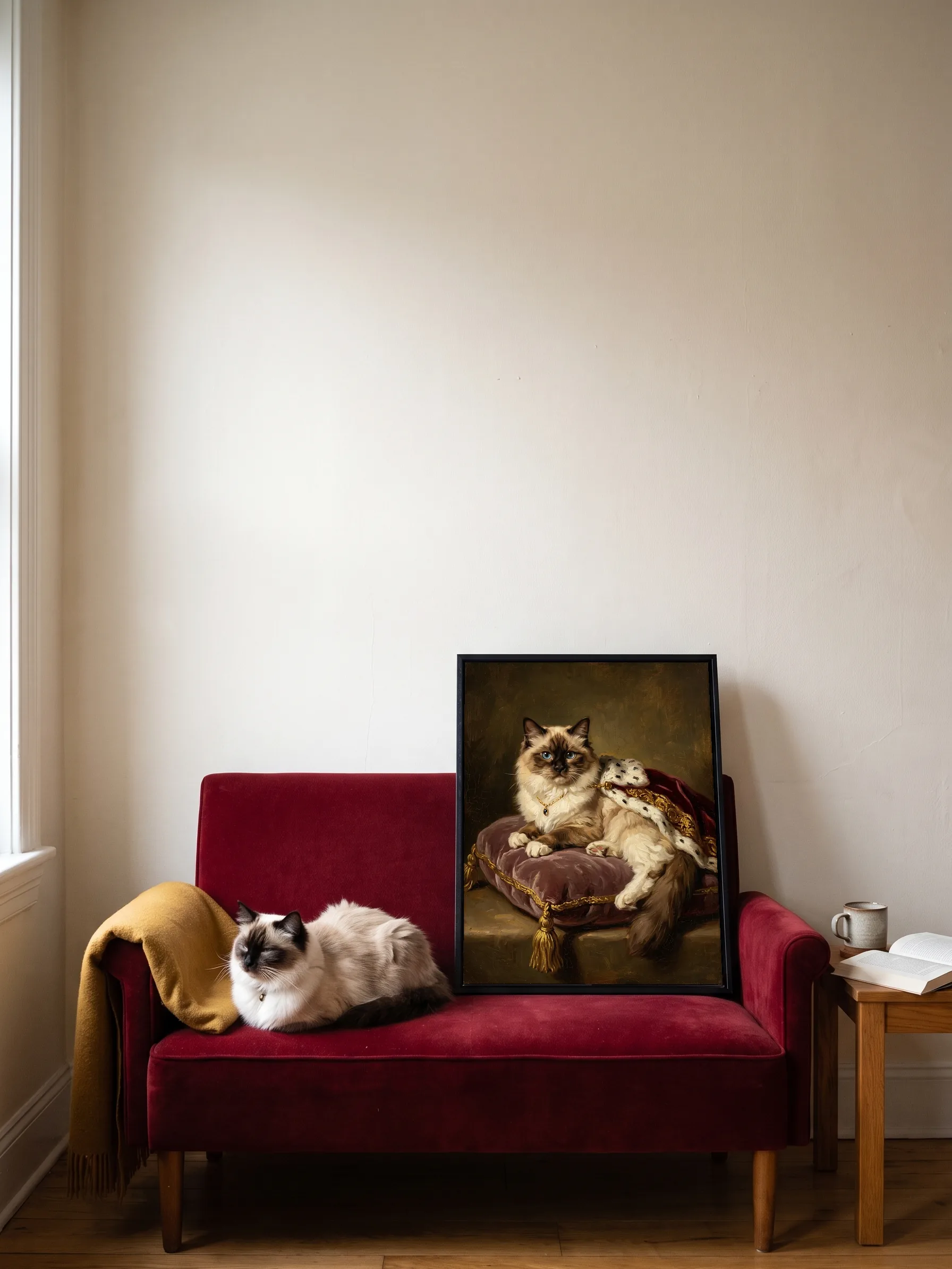 A ragdoll cat dozing on a red velvet sofa beside its own oil portrait: a canvas in a slim black frame