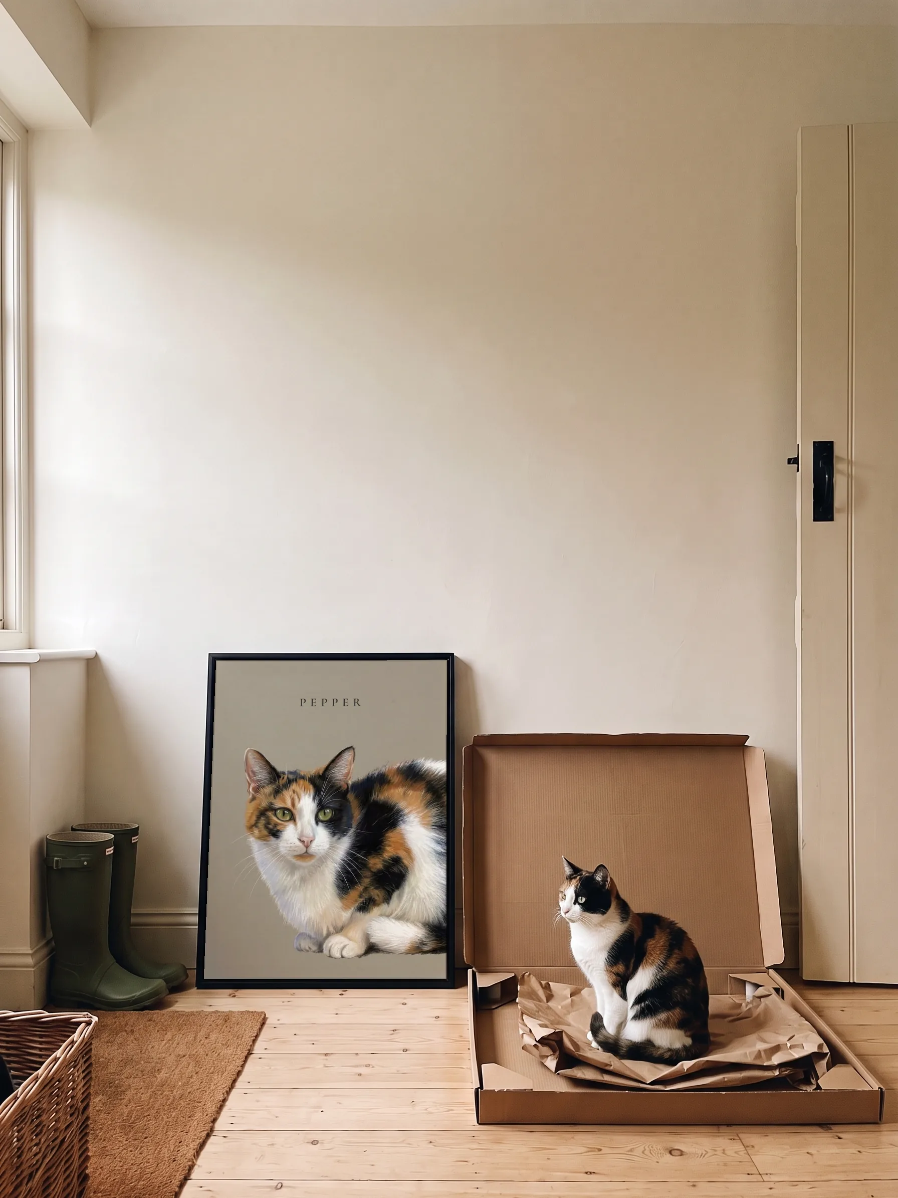 A calico cat sitting in the open flat carton its framed canvas portrait came in; the portrait leans on the hallway wall