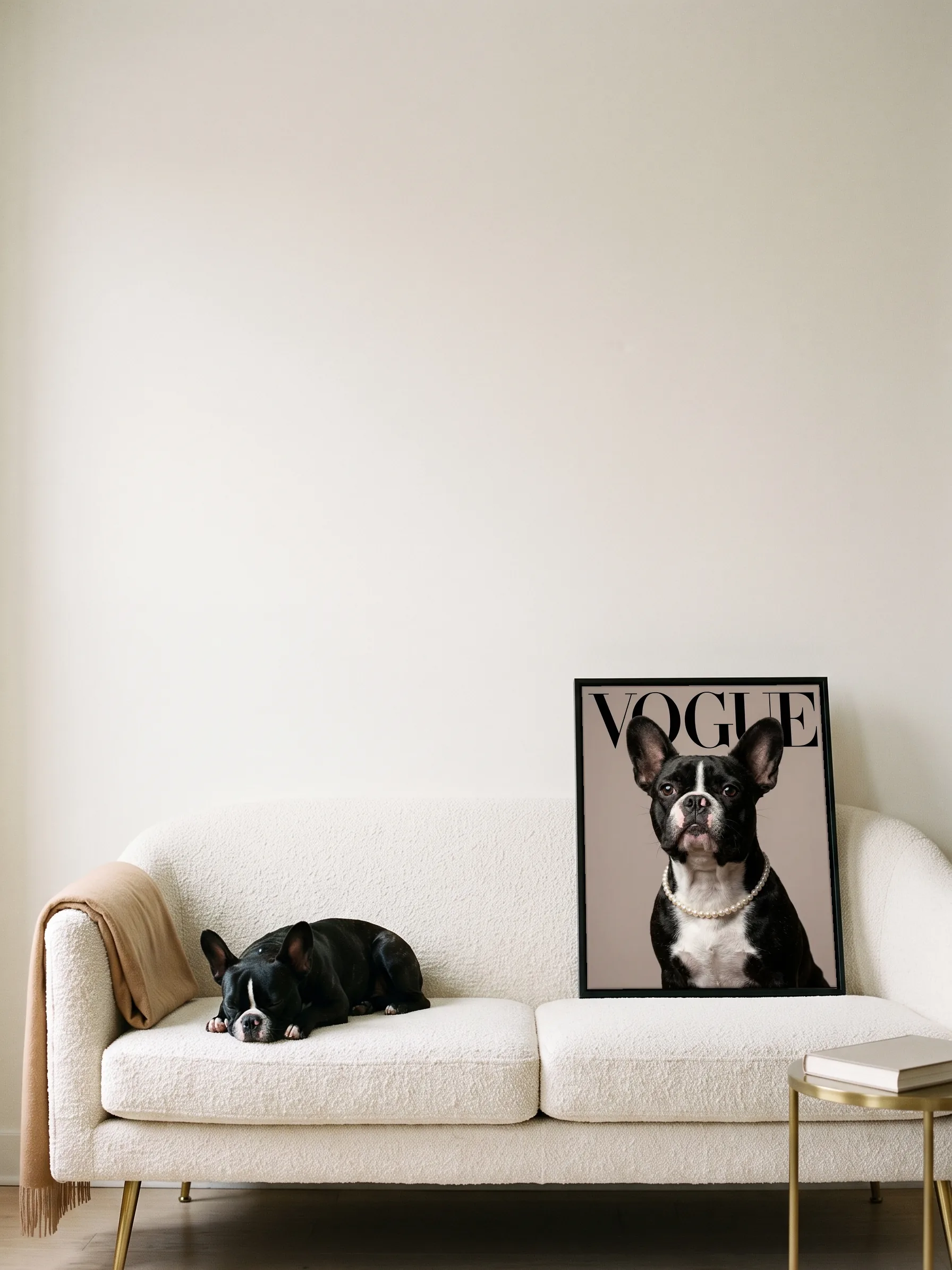 A black and white French bulldog dozing on an ivory sofa beside its own cover portrait: a canvas in a slim black frame