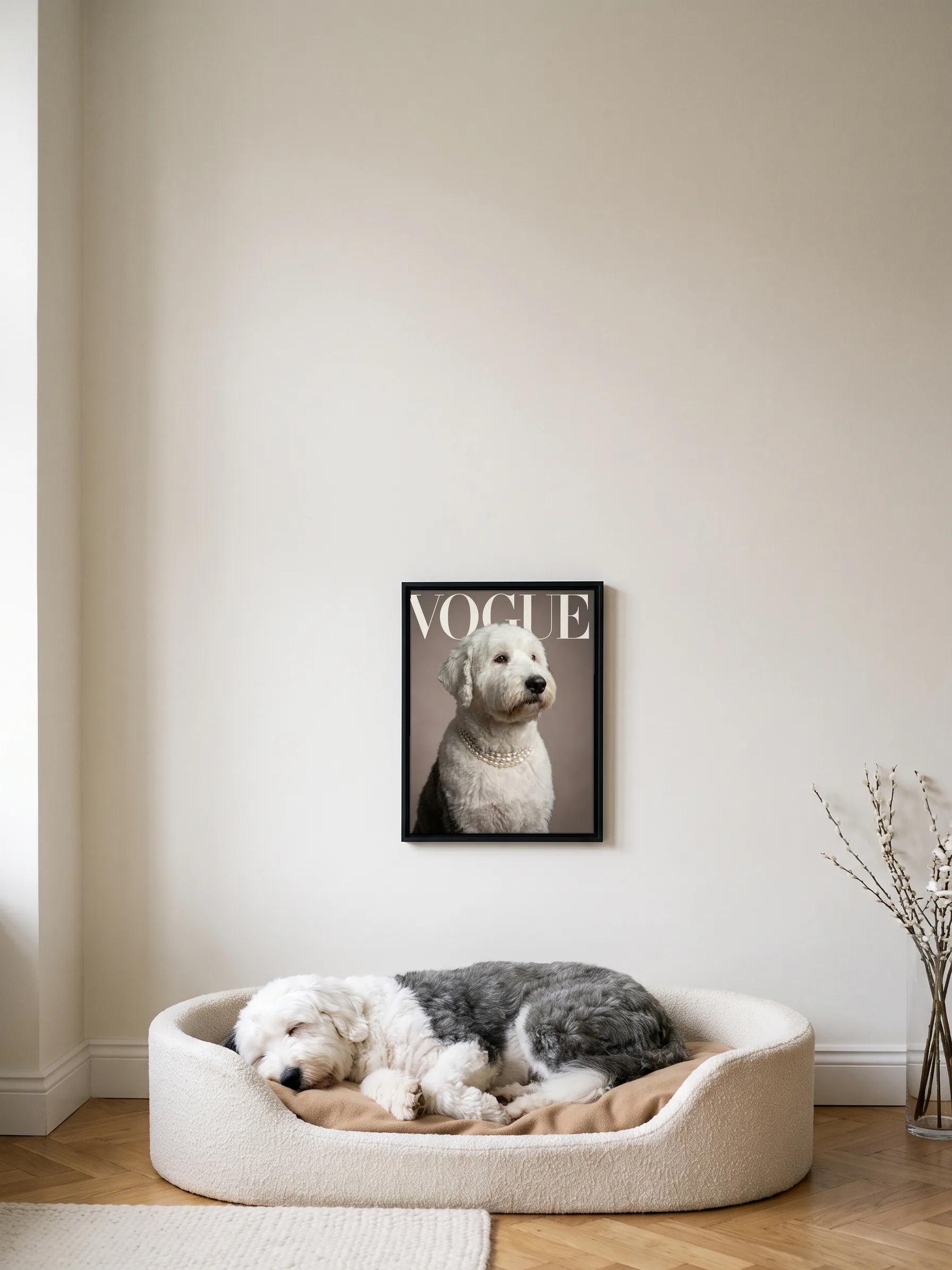 An Old English sheepdog asleep in its bed under its own cover portrait, a framed canvas on the wall