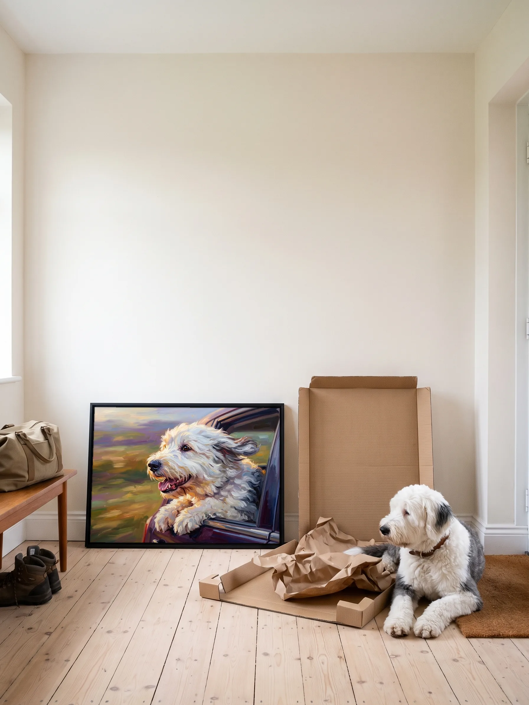 An Old English sheepdog lying beside the open carton its framed canvas painting came in; the painting leans on the hallway wall