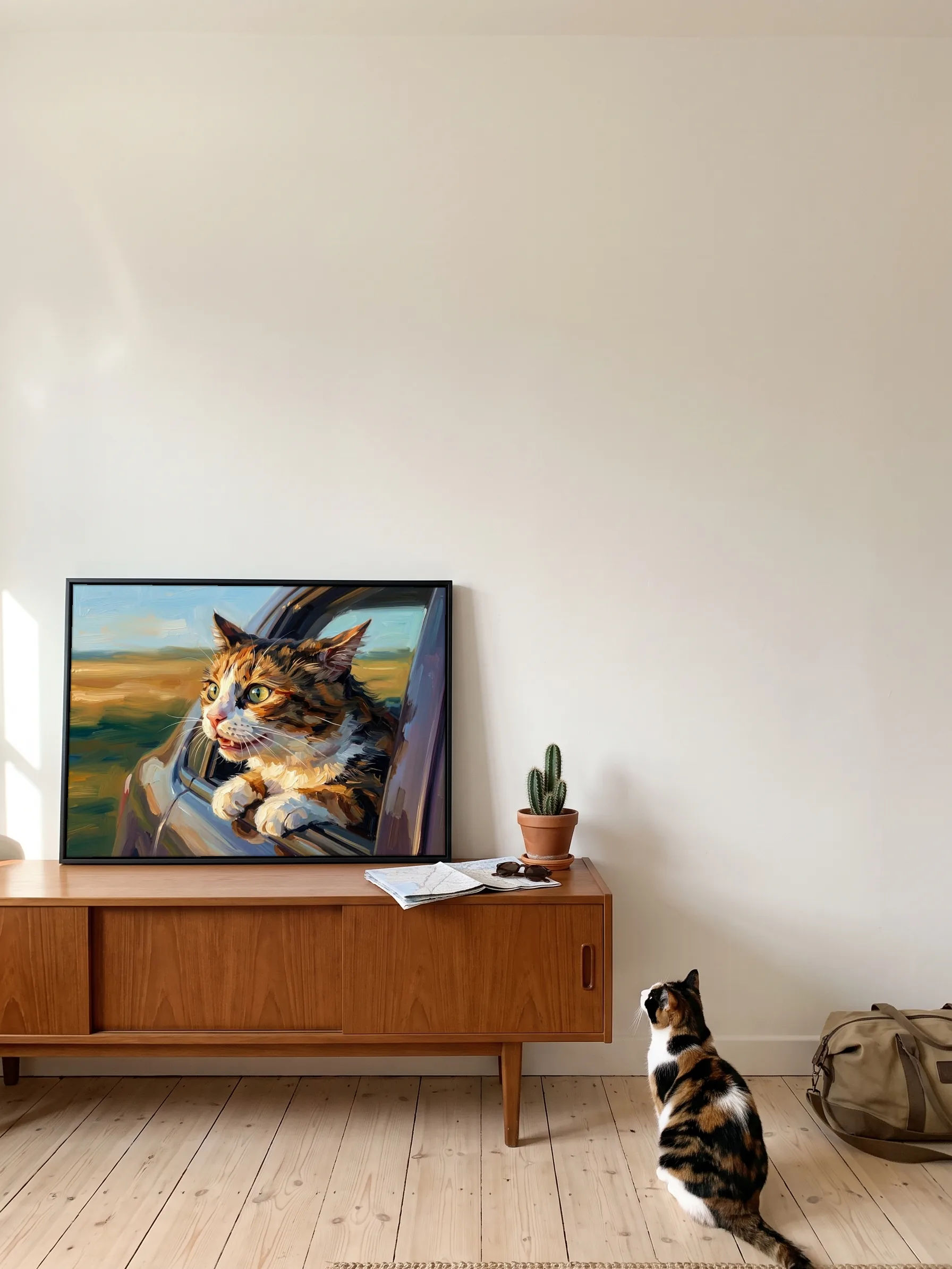 A calico cat sitting on pine floorboards, seen from behind, looking up at its own oil painting: a framed canvas on a teak sideboard