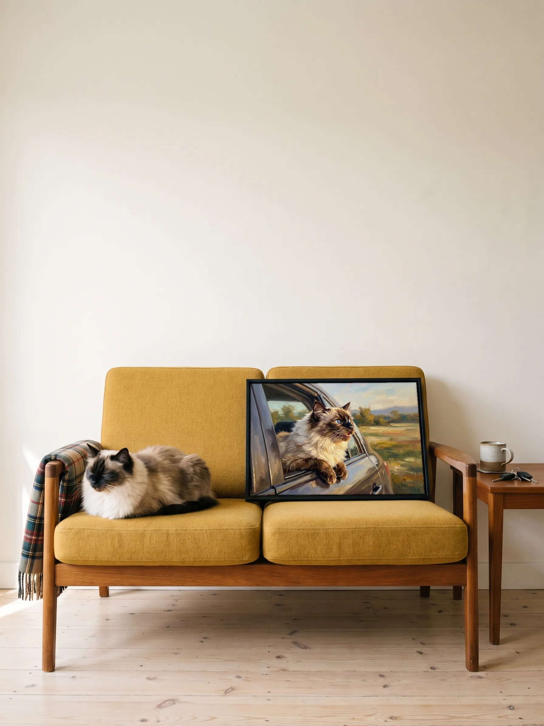 A ragdoll cat dozing on a mustard sofa beside its own oil painting: a canvas in a slim black frame