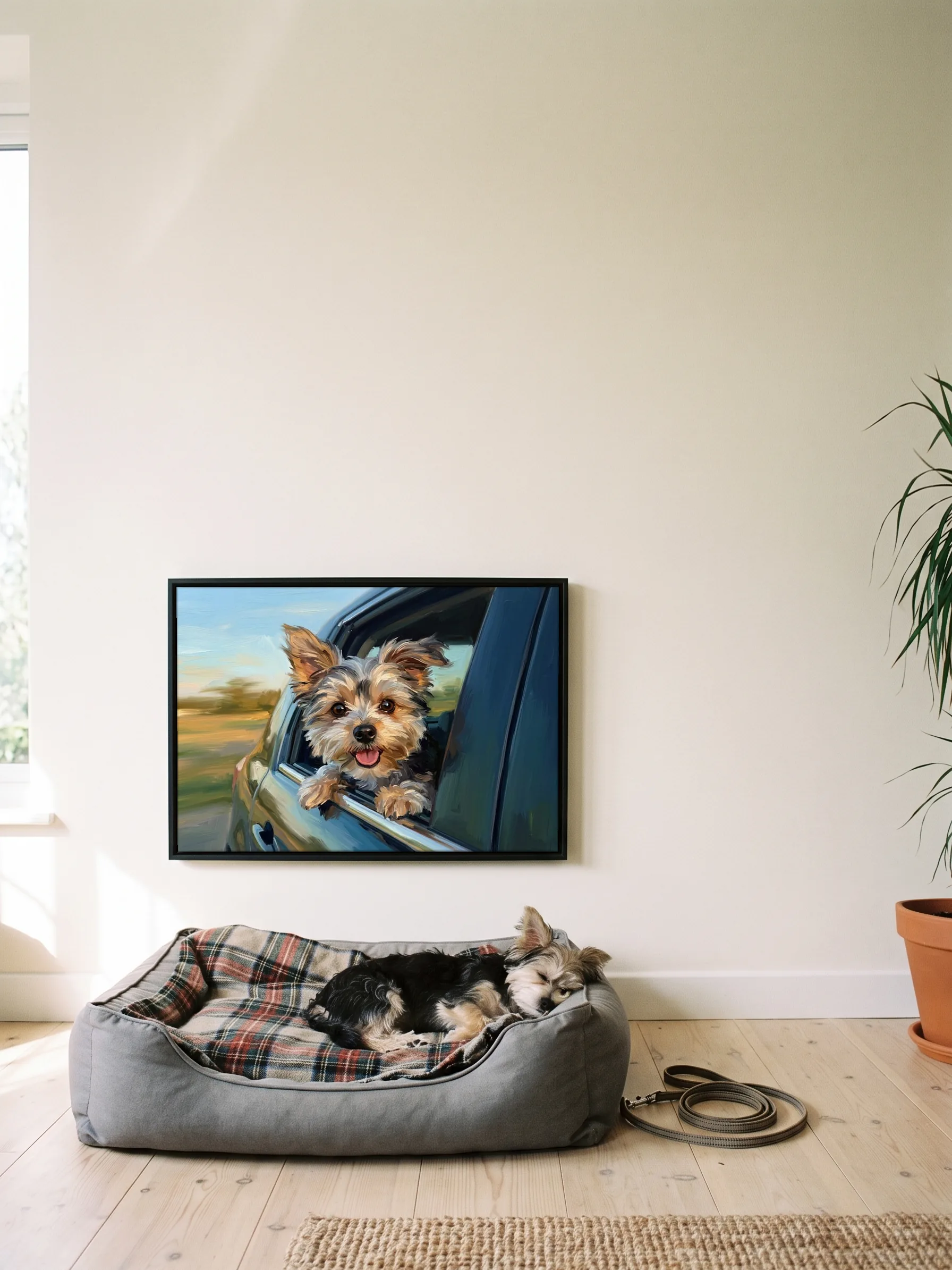 A Yorkshire terrier cross asleep in its bed under its own oil painting, a framed canvas on the wall