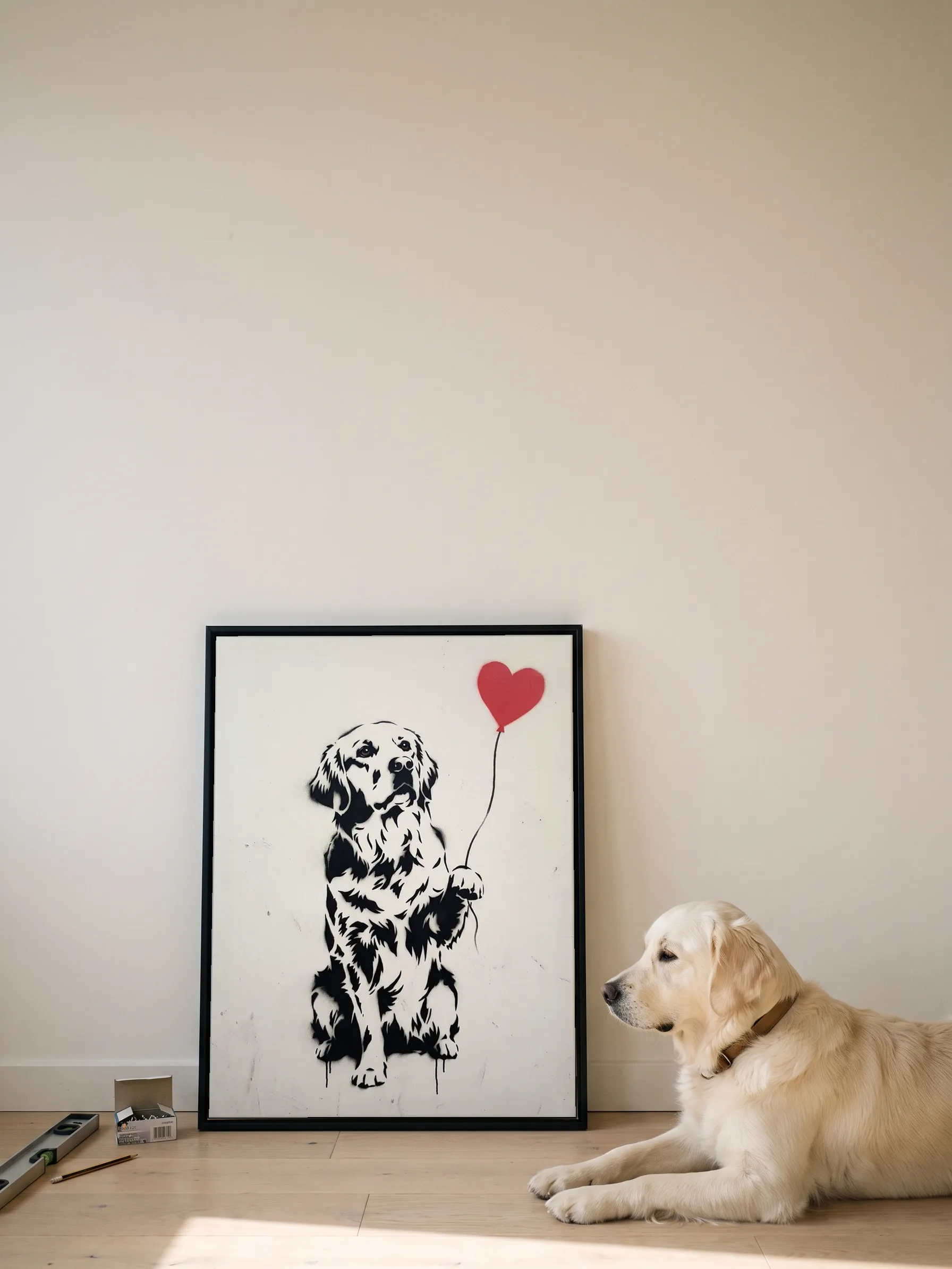 A golden retriever lying in profile beside its own stencil portrait: a canvas in a slim black frame leaning on a white wall, sun on the floorboards