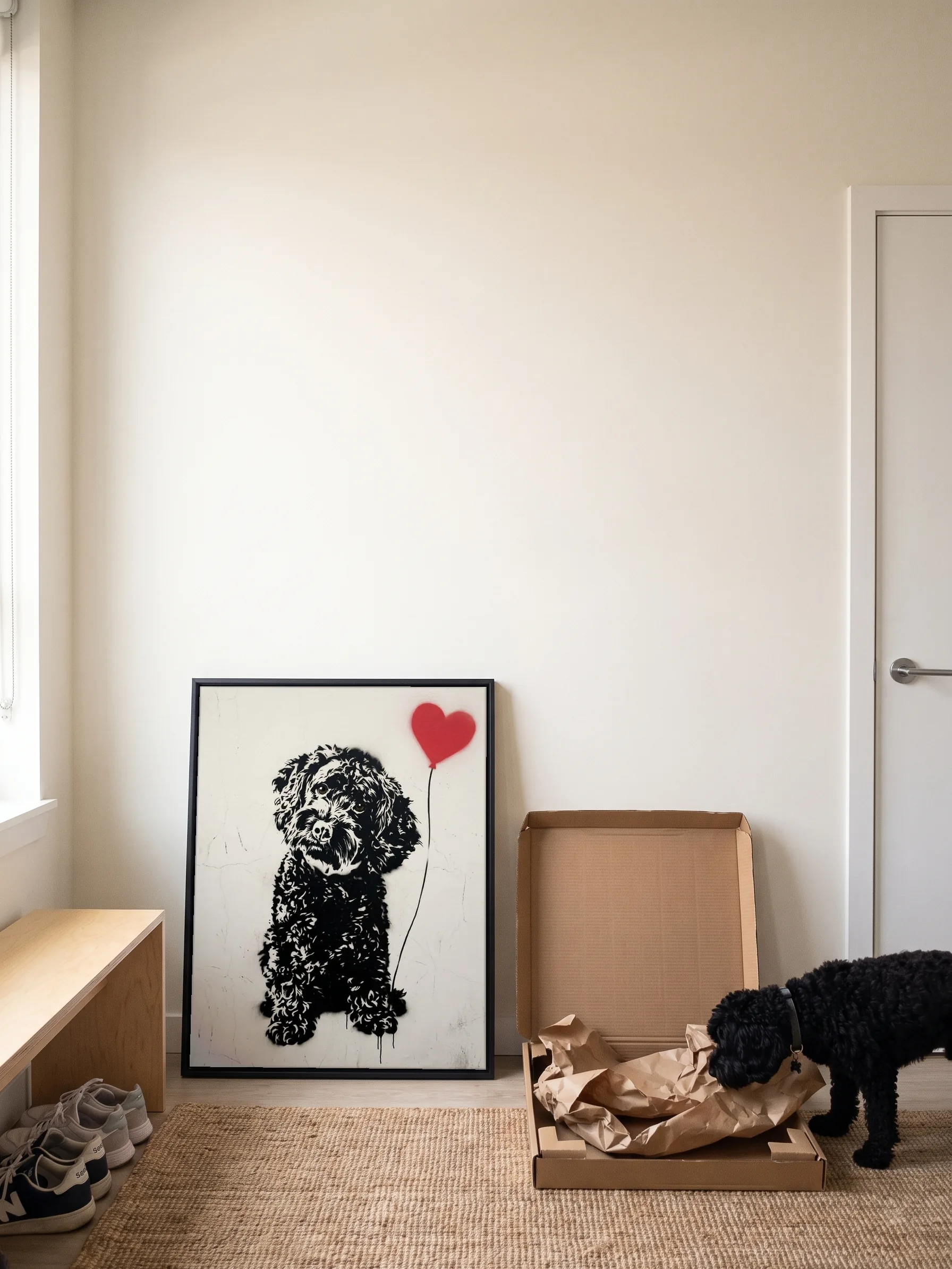 A black poodle cross nosing the paper in the open carton its framed canvas portrait came in; the portrait leans on the hallway wall