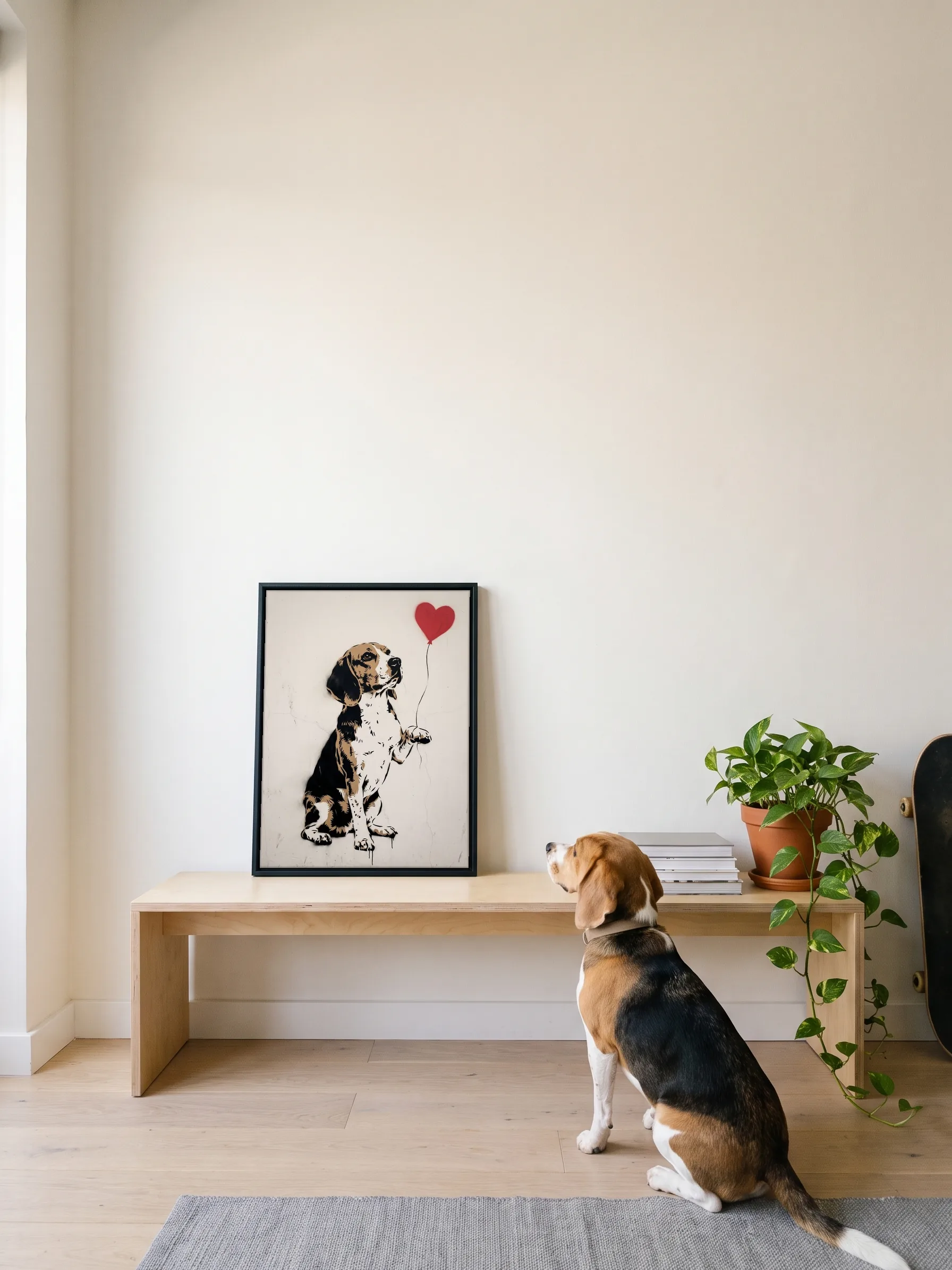 A beagle sitting on oak floorboards, seen from behind, looking up at its own stencil portrait: a framed canvas on a plywood bench