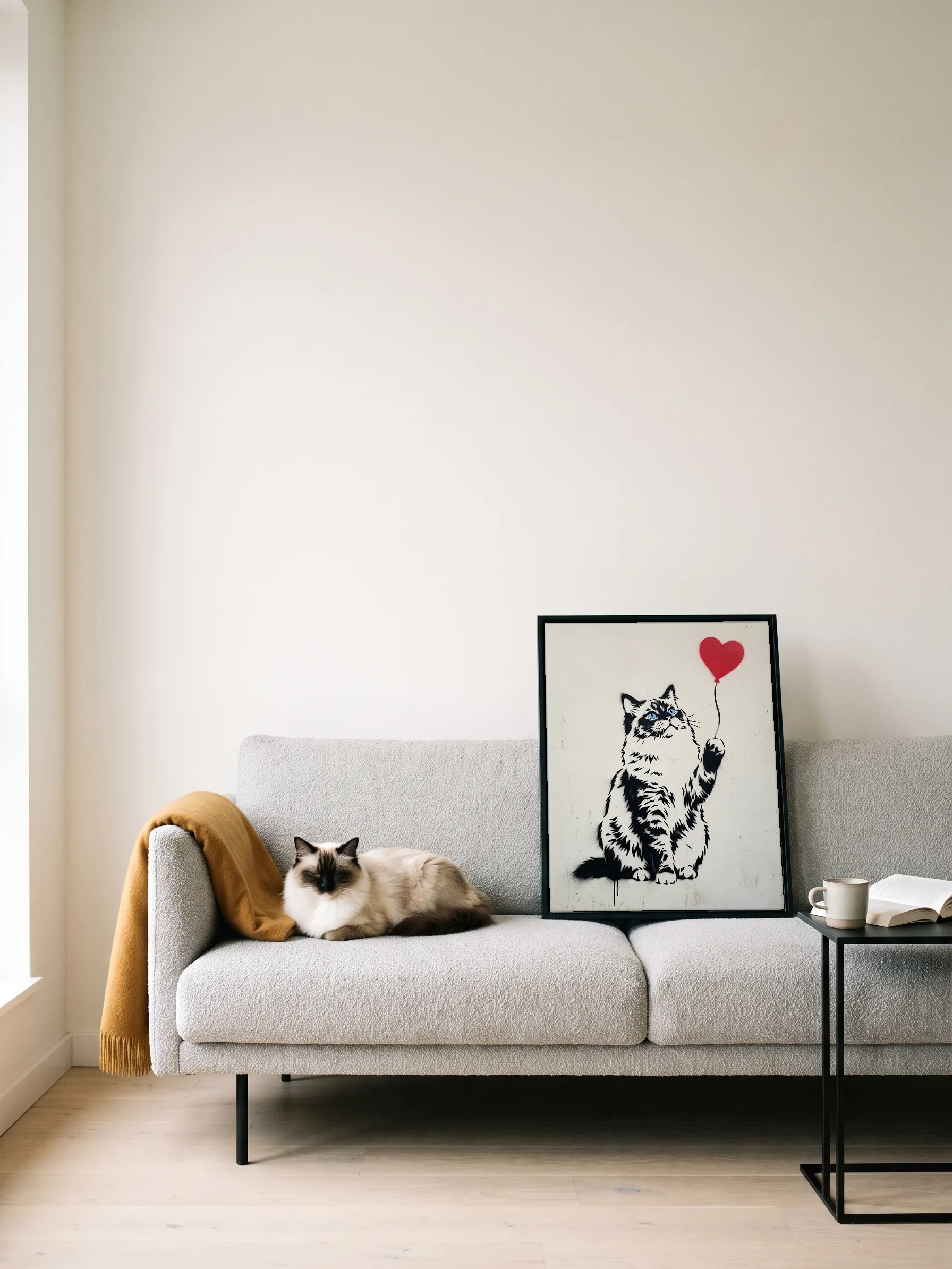 A ragdoll cat dozing on a grey sofa beside its own stencil portrait: a canvas in a slim black frame