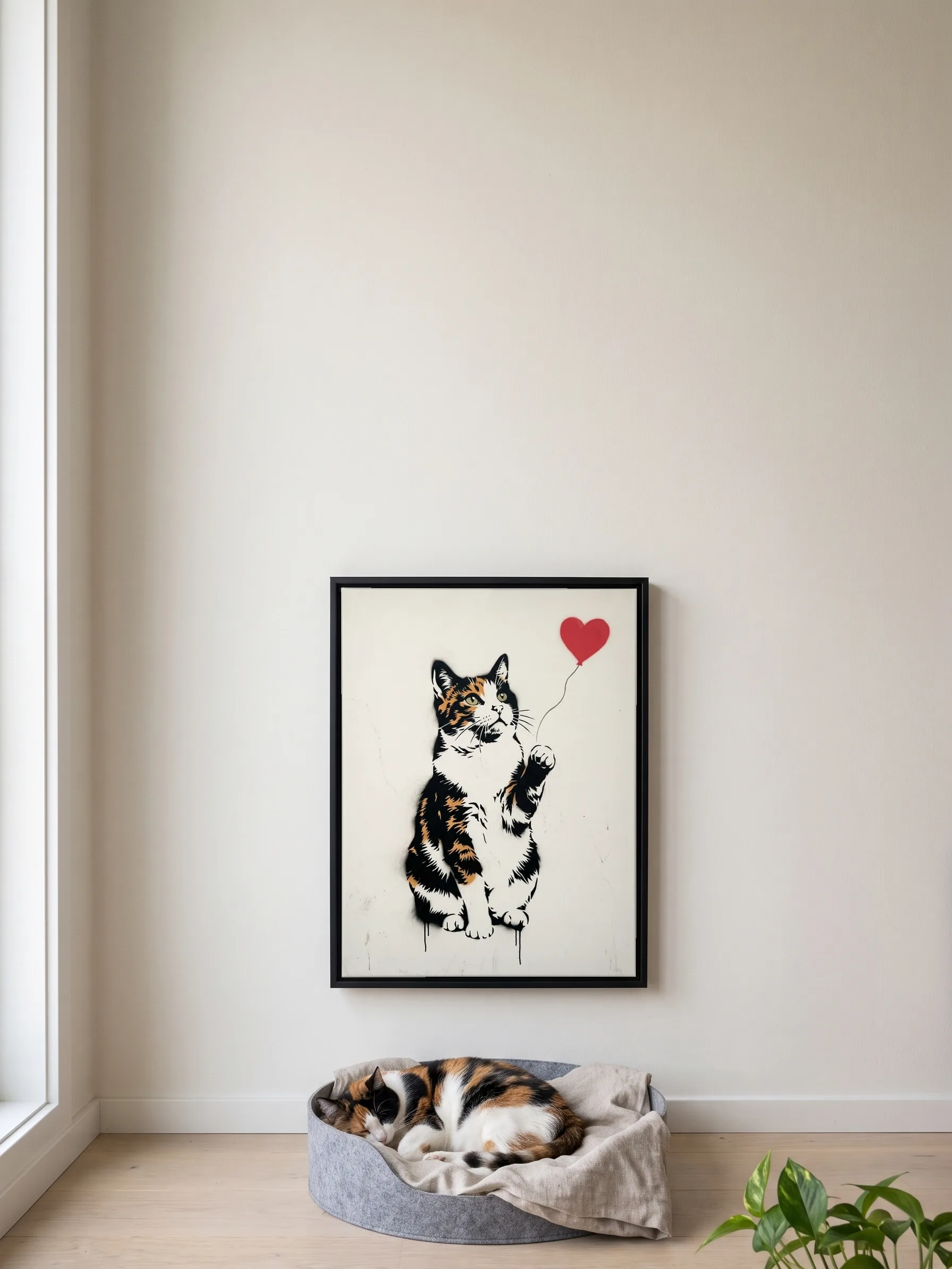 A calico cat asleep in its basket under its own stencil portrait, a framed canvas on the wall