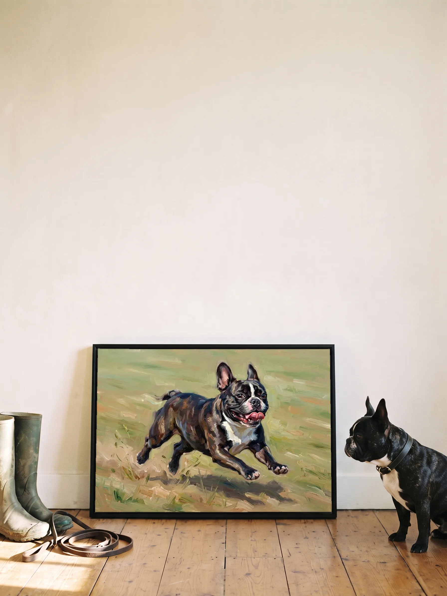A French bulldog sitting in profile beside its own oil painting: a canvas in a slim black frame leaning on a wall, sun on the floorboards