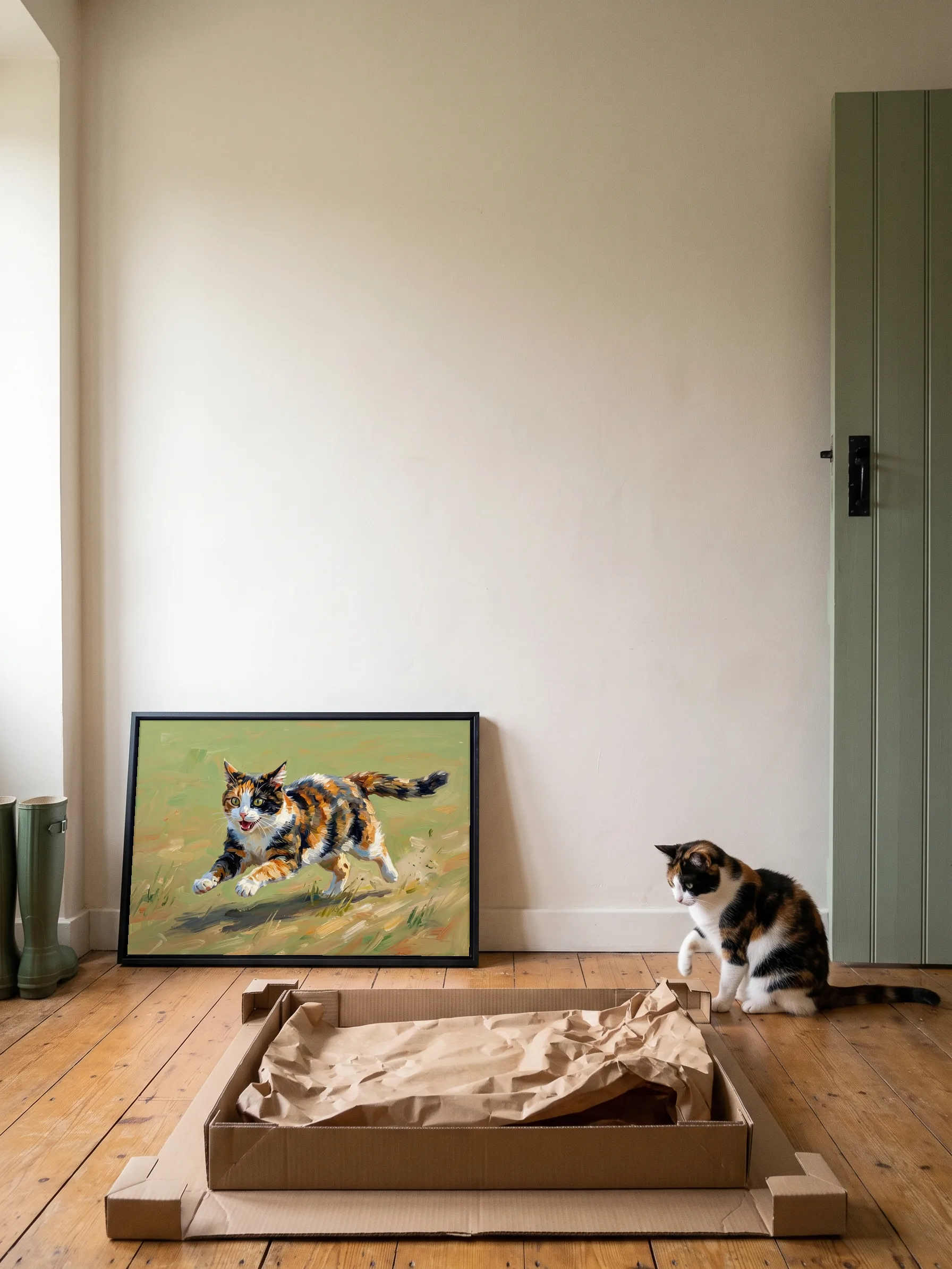 A calico cat pawing at the kraft paper in the open flat carton its framed canvas painting came in; the painting leans on the wall by the front door
