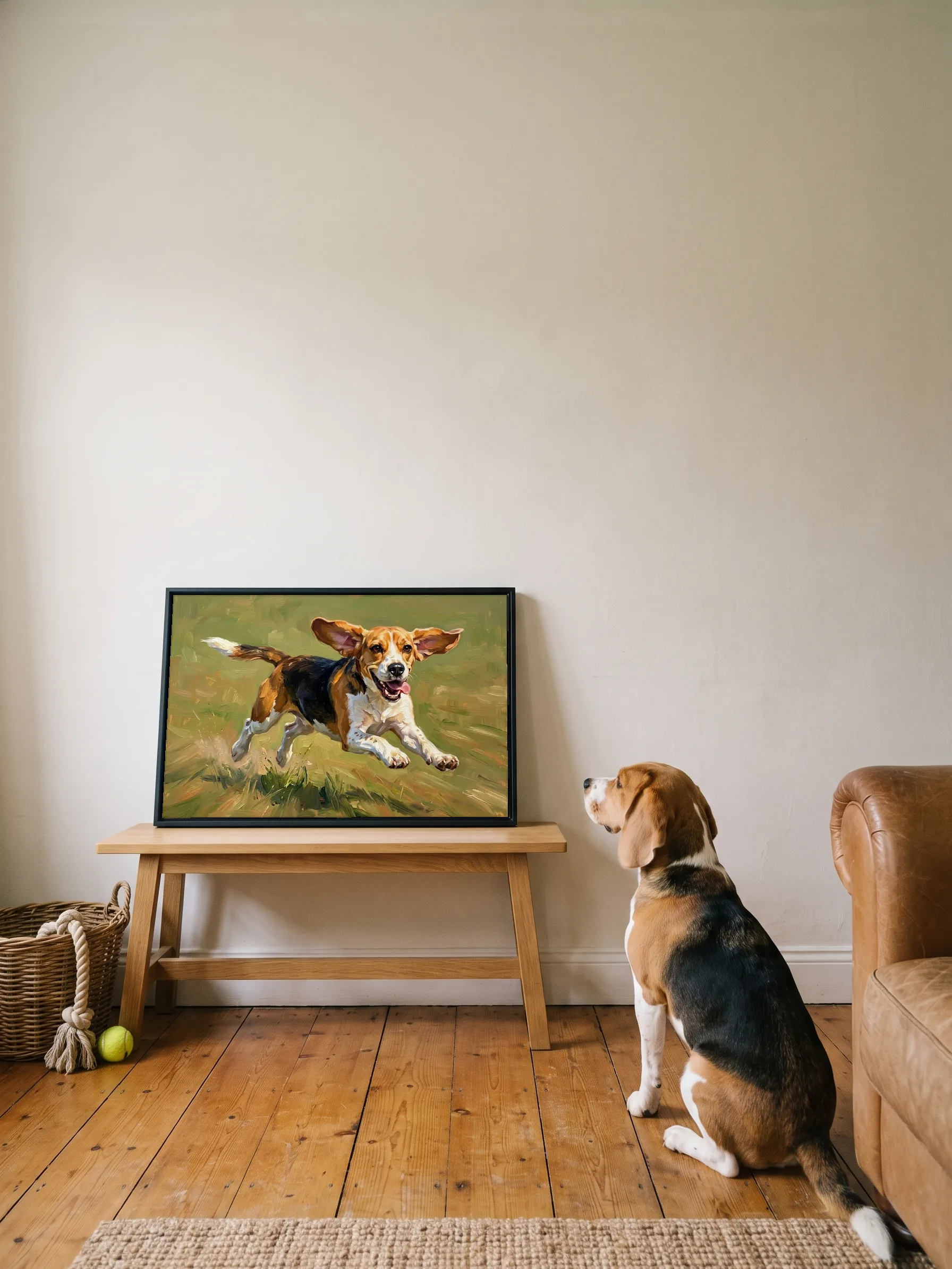 A beagle sitting on pine floorboards, seen from behind, looking up at its own oil painting: a framed canvas on a low oak bench